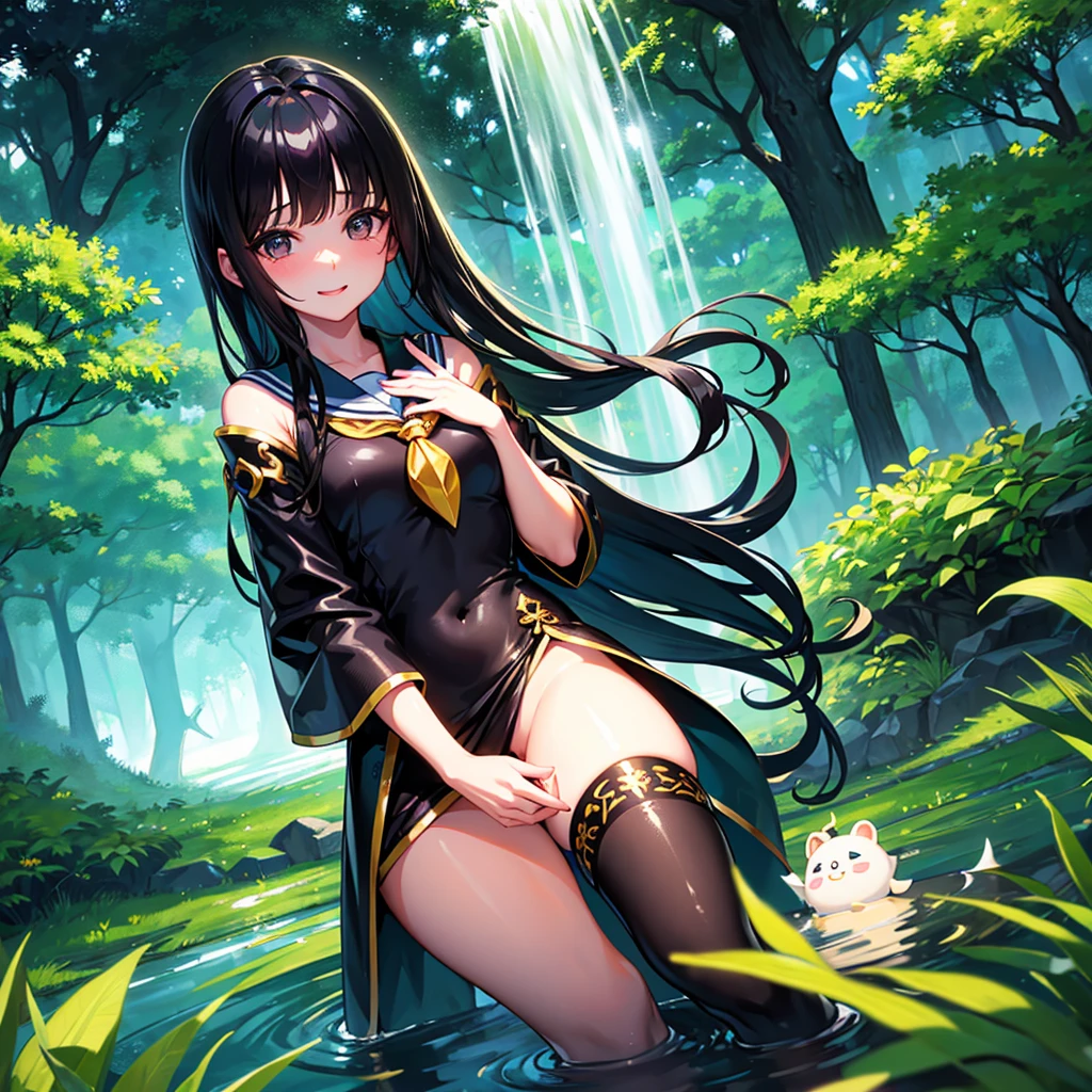 best quality, ultra high res, 1girl, full body,(photorealistic:1.4) bare shoulders, half body under water,cinematic angle,from behind, black thighhighs,thigh gap,cleavage,revealing,see-through,professional lighting, sailor collar,necklace,