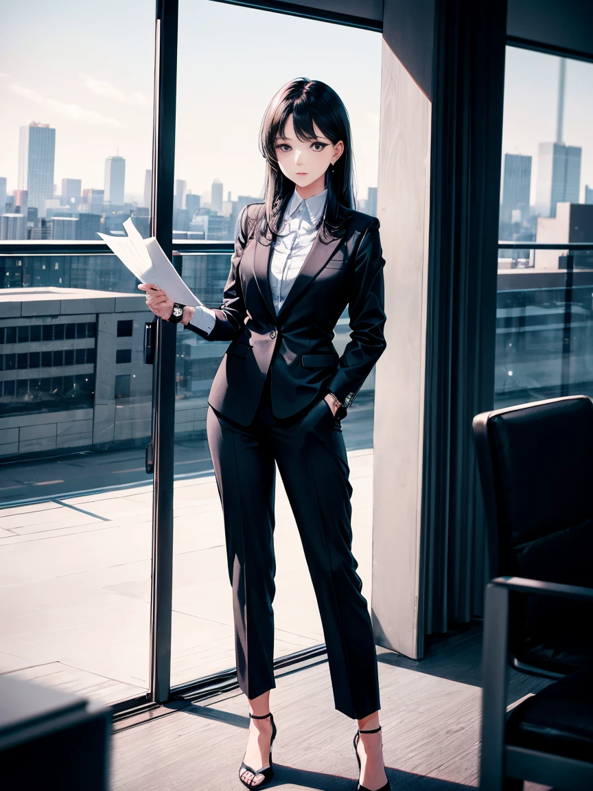 Professional Japanese woman, late twenties, elegant, tall and slim, black shoulder-length straight hair, minimalist makeup, dark gray tailored pantsuit, white silk blouse, black stilettos, pearl studs, delicate watch, modern office, city skyline view, confident stance, holding documents, focused gaze, monochromatic theme, sophisticated,with a completely different expression