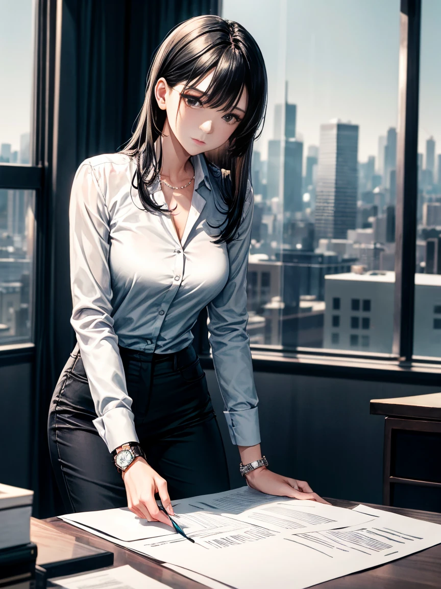 Professional Japanese woman, late twenties, elegant, tall and slim, black shoulder-length straight hair, minimalist makeup, dark gray tailored pantsuit, white silk blouse, black stilettos, pearl studs, delicate watch, modern office, city skyline view, confident stance, holding documents, focused gaze, monochromatic theme, sophisticated,with a completely different expression


