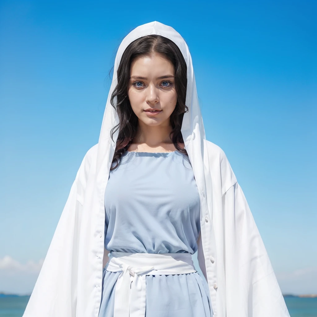young woman, 25 years old, blue eyes, Curly black hair , serene face, gray dress with wide, long sleeves adjusted at the waist by an intertwined white sash.