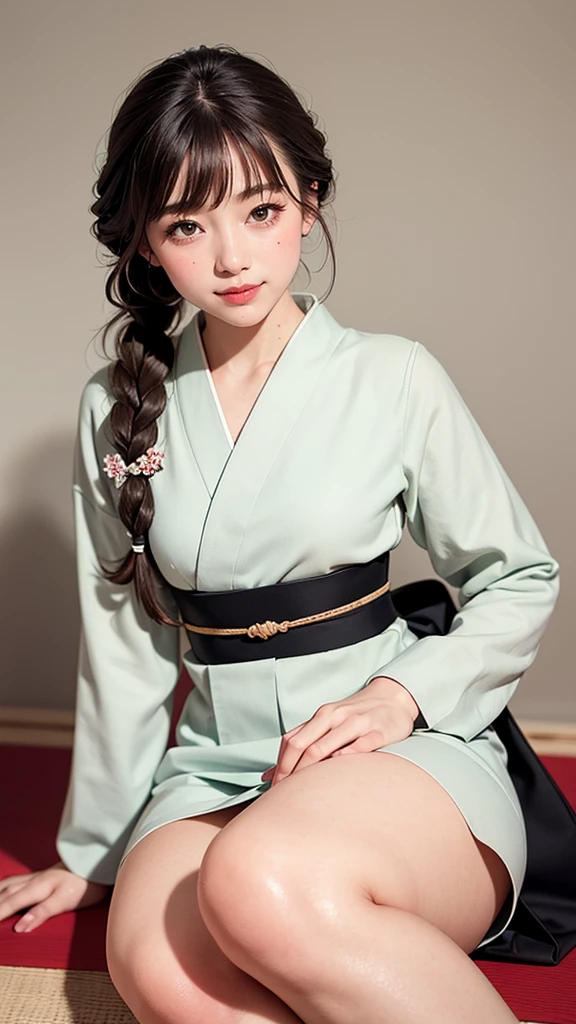 Realistic, masterpiece, Highest quality, Highest Resolution, Anatomically correct, Accurate Anatomy, One Japanese woman, Smile and show your teeth a little., Fine and beautiful eyes, Sparkling eyes, Thin eyebrows, Gives lashes a delicate finish, False eyelashes, (Ukiyo-e Makeup:1.2), (Braided hair, Blunt bangs, Brown Hair:1.2), Detailed face, Sharp Eyes, (Casual Japanese clothing:1.3), (Thick thighs:1.3), Photo taken from the thigh up, Blank background in warm colors