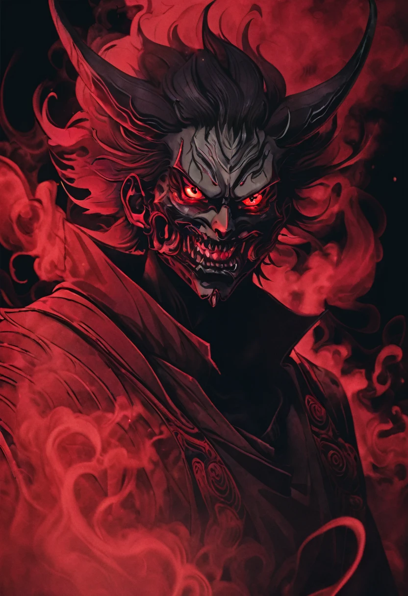 anime character with a demonic face on a black background in red smoke