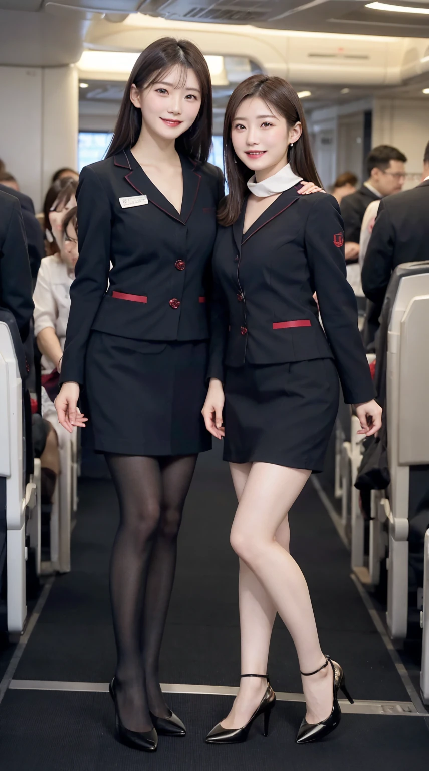 highest quality、8k、best image quality、Award-winning work), two beautiful women、1 women, radiant beautiful skin , masterpiece、top-quality、The ultra -The high-definition、depth of fields、lens flare 、brown hair, watching at viewers glares, large breasts , cabin crew uniform, short skirt, (black high heels), perfect legs, model pose, view from below, smiling , flight cabin, pantyhose