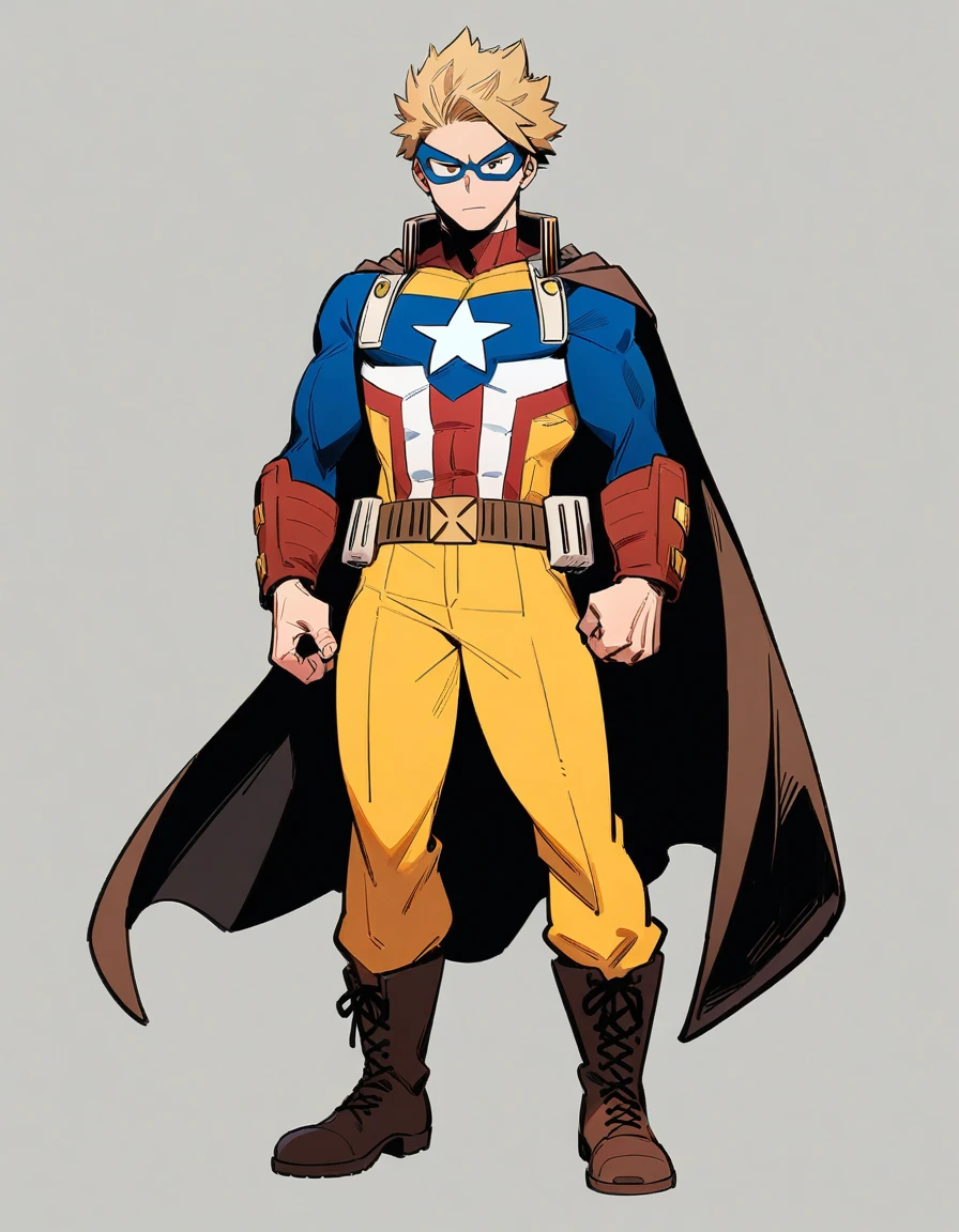 One boy, male focus, brown and blond hair, boku no hero academia, masterpiece, best quality, very aesthetic, red, blue, white super hero suit, cape, boots, captain America like, proportionally anatomical, full body illustration, casual front pose.