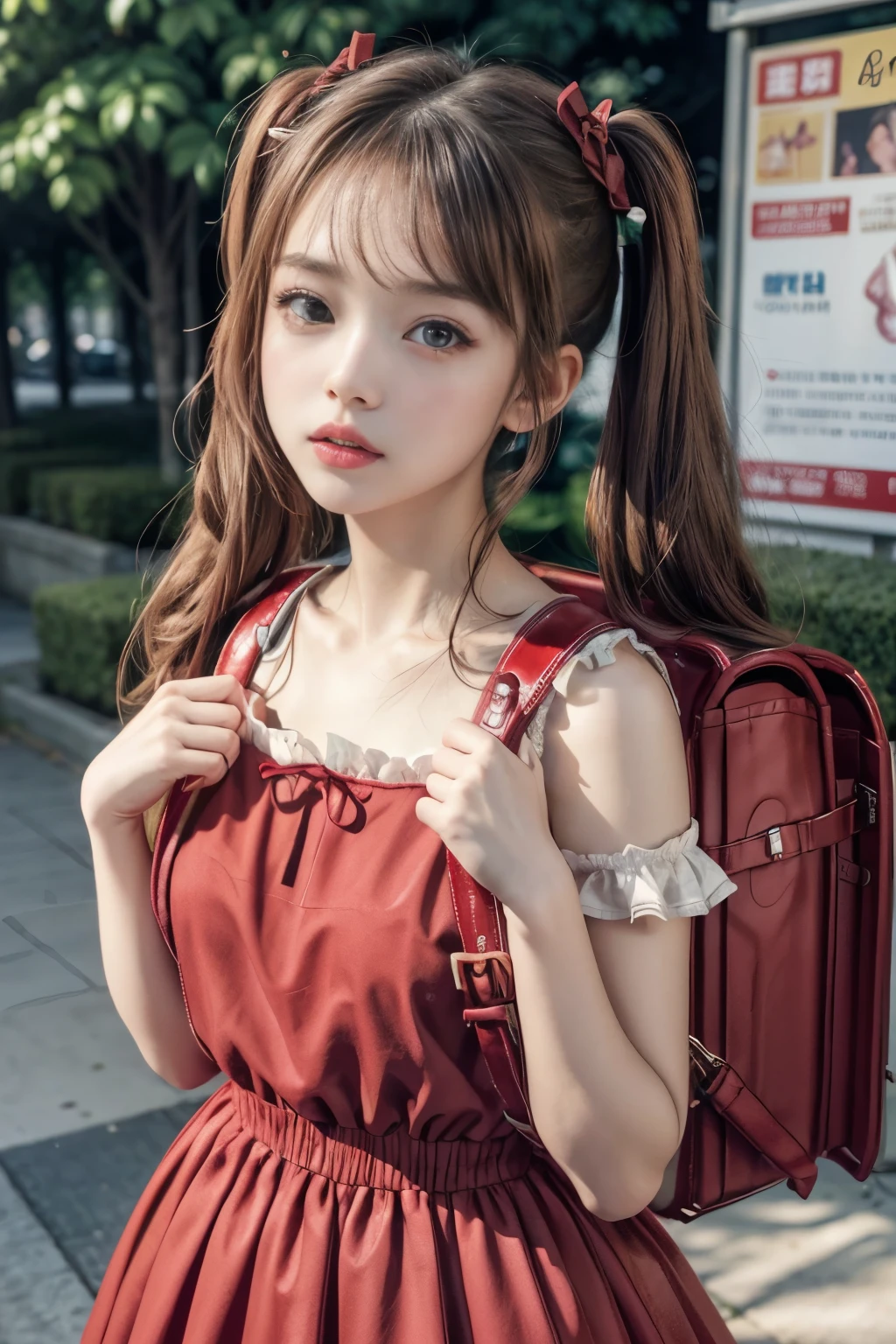 (highest quality、masterpiece、8K、best image quality、hyper realism、Award-winning work)、(solo:1.1)、(1 photo:1.1)、(Feminine and girly cute light pink frilly ta dress:1.2)、(Perfect straight twin tails:1.2)、(low length:1.1)、(Height: 160cm:1.1)、small breasts、emphasize body line、slender body、Standing gracefull、Full body photo of a woman standing gracefully、accurate anatomy、perfect makeup、long eyelashes、glossy lips、Ultra high definition glossy skin、(Ultra-high definition bright and beautiful skin:1.1)、Ultra-high definition glossy lips、Super high definition beautiful teeth, wearing red backpack, (red backpack:1.2), Loliress, cute dress, outdoor, standing,