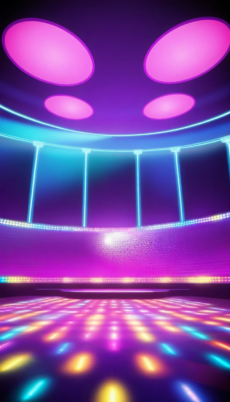 
just dance style stage, disco colors, I want the image to only contain the stage, without characters or letters, I want the viewer's visualization to be exactly in front of the stage