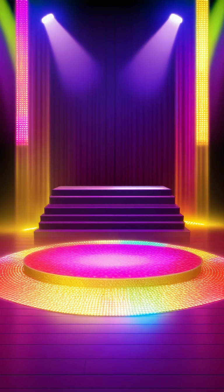 just dance style stage, disco colors, I want the image to only contain the stage, without characters or letters, I want the viewer's visualization to be exactly in front of the stage