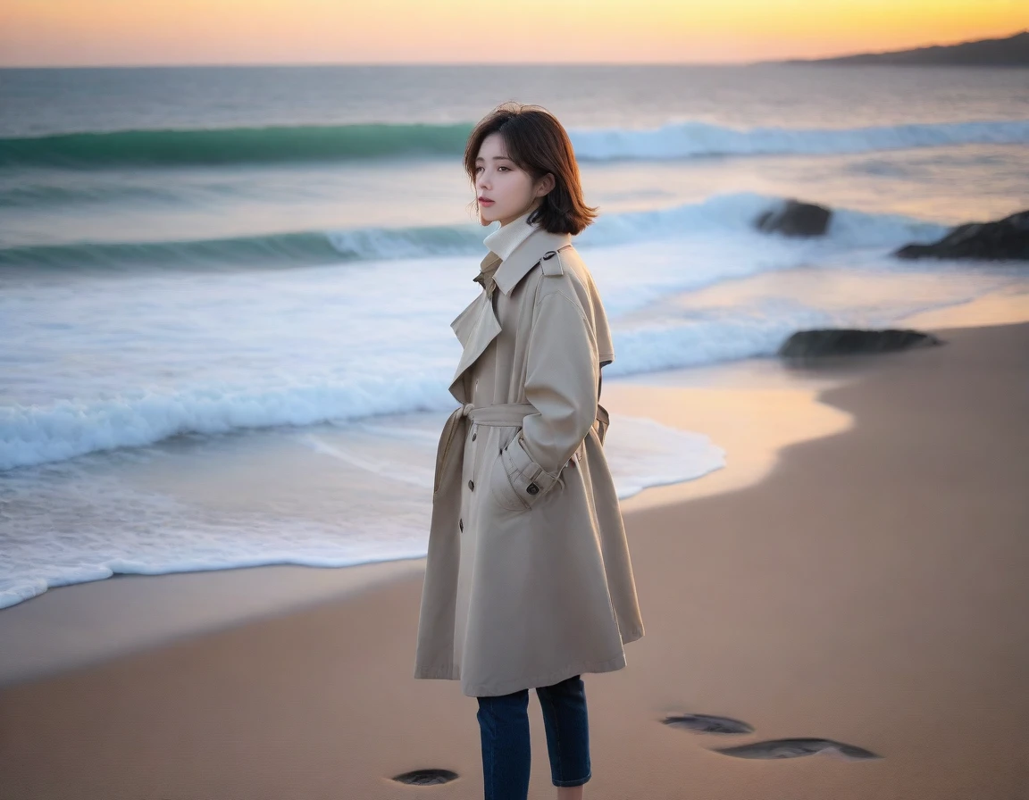 8K, Vivid picture quality, The picture quality is vivid,, long deserted beach, sunset view from afar, short hair that covers the neck, turtleneck, trench coat, sunset의 붉은 빛, sunset, alone, afternoon, depressed, tide가 밀려온다, ocean, tide, wind, short korean girl, calm wave canon camera 16-35 wide angle lens, full body shot