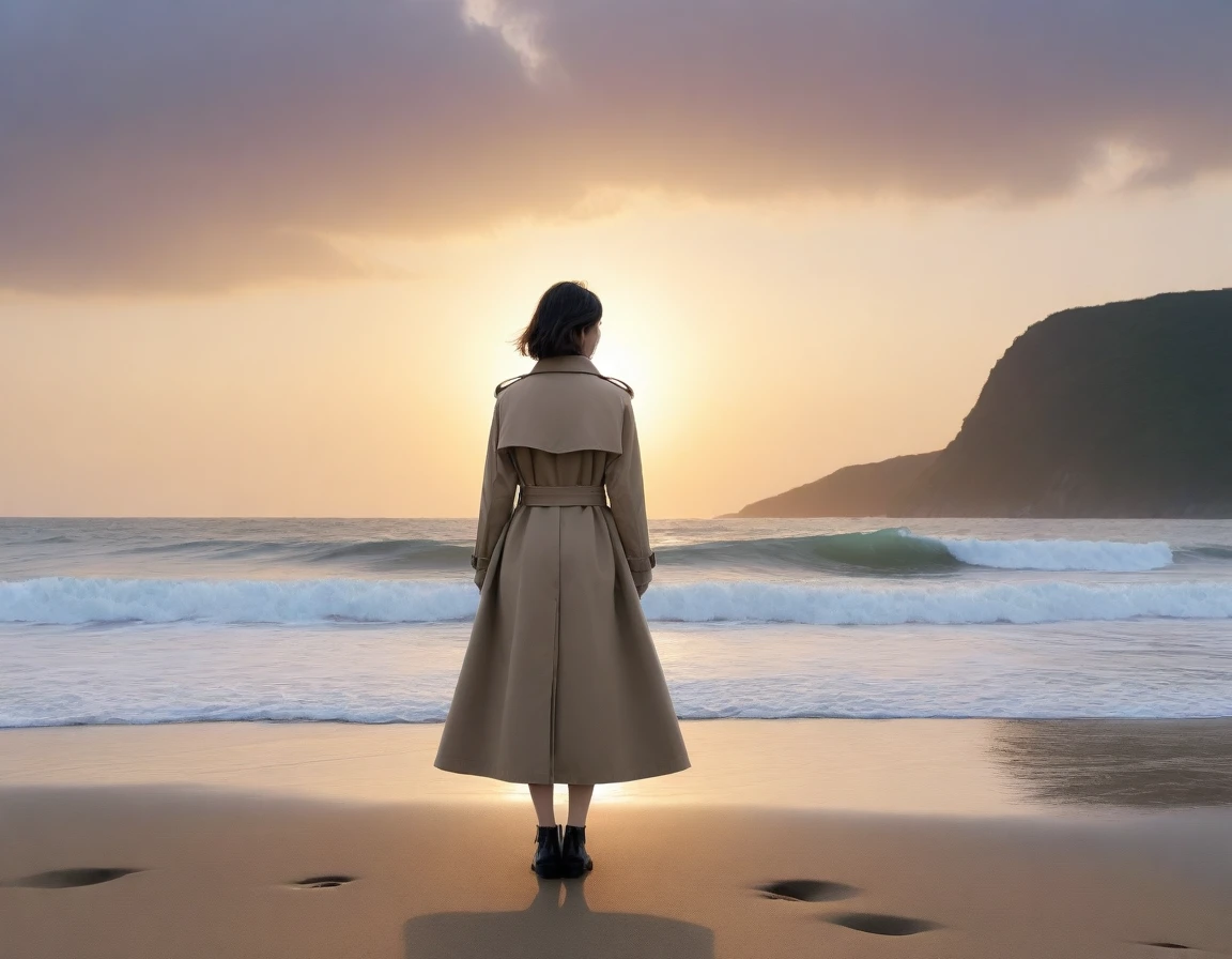 8K, Vivid picture quality, The picture quality is vivid,, long deserted beach, sunset view from afar, short hair that covers the neck, turtleneck, trench coat, sunset의 붉은 빛, sunset, alone, afternoon, depressed, tide가 밀려온다, ocean, tide, wind, short korean girl, calm wave canon camera 16-35 wide angle lens, full body shot