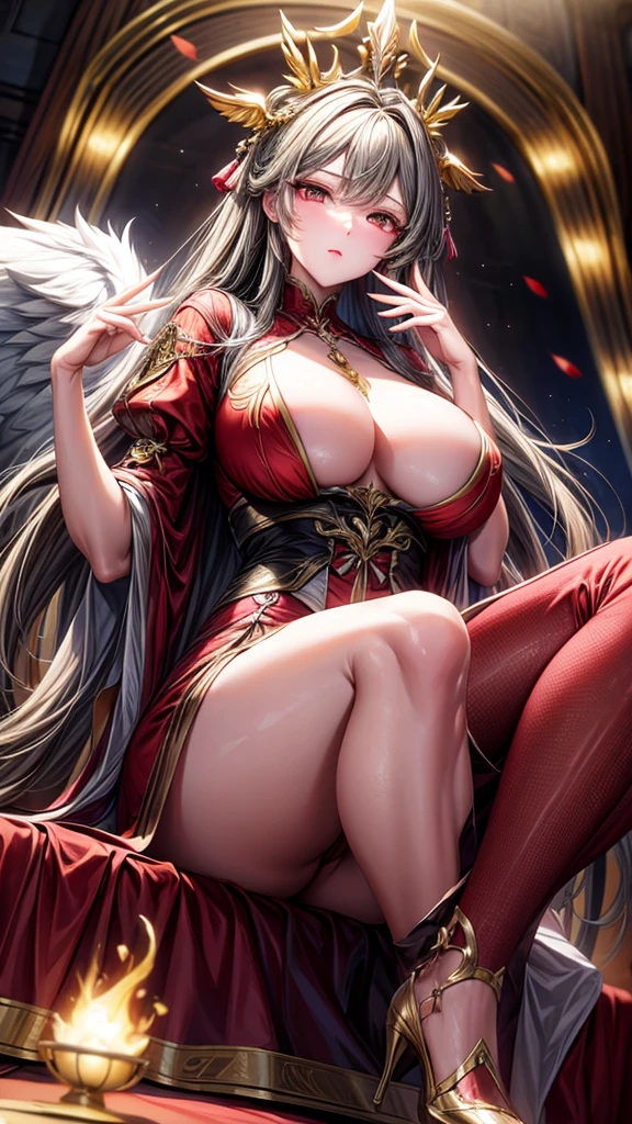 ((masterpiece, best quality)), Delicate face, Character Design Sheet,Whole body love, Rich in details, Multiple poses and expressions, Very detailed, depth, Many parts,beautiful girl,Light,发Light,Red and Gold,Phoenix decoration,gauze,Lace,Lace连裤袜,High heel