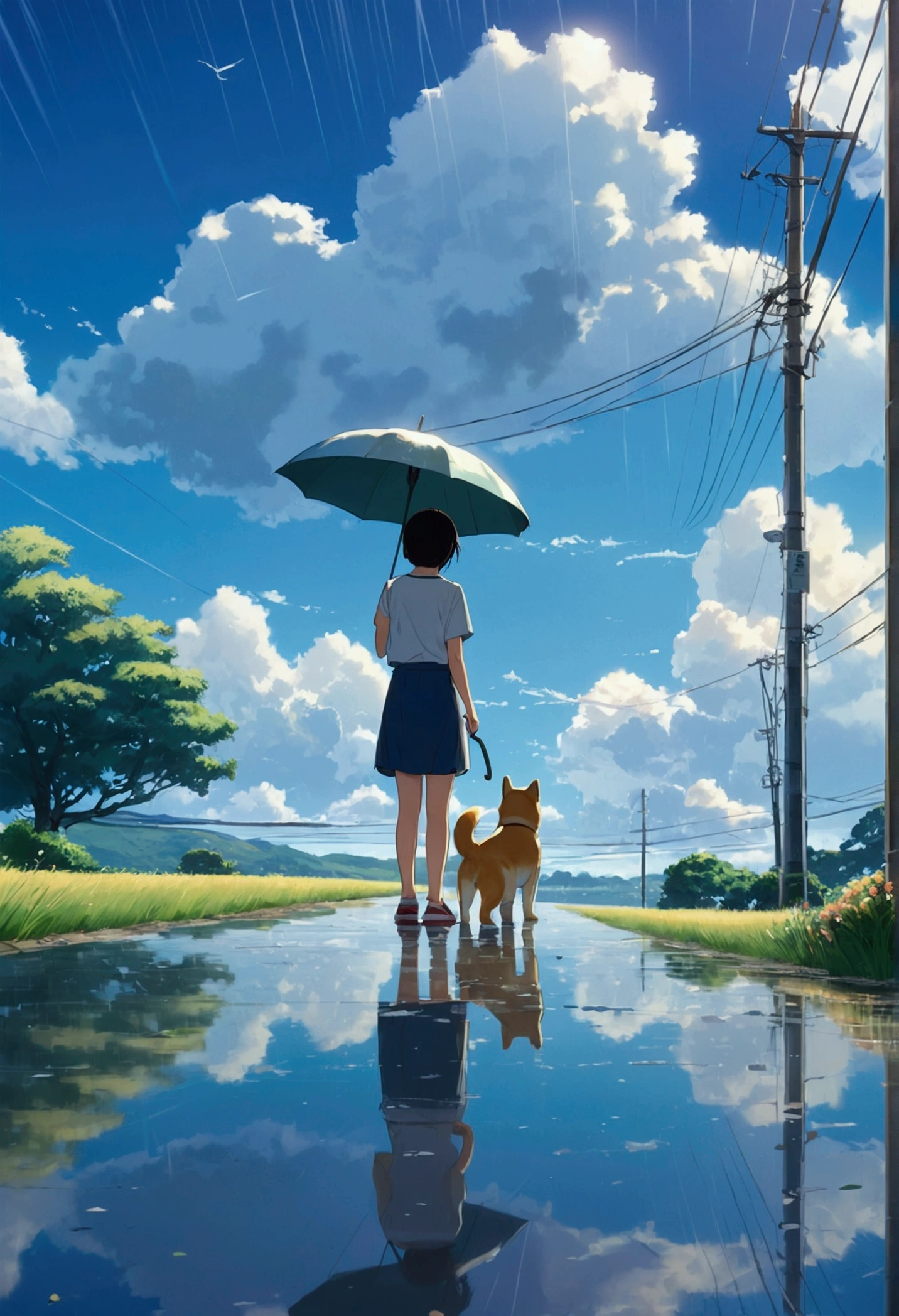 Makoto Shinkai Taste, Beautiful sky, rainy season, Reflection of light,Umbrella,Shiba Inu Puppy, Girl with shoes,Romantic Landscape, Healing scenes,hope, Summer Morning,Makoto Shinkai Taste,Detailed Description,