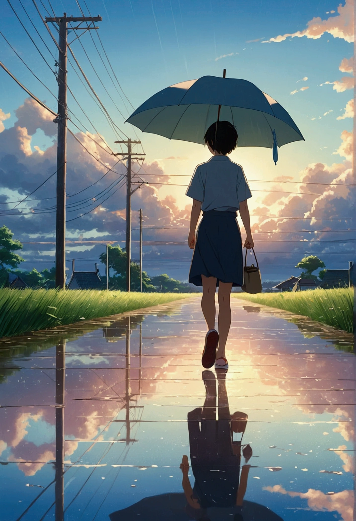 Makoto Shinkai Taste, Beautiful sky, rainy season, Reflection of light,Umbrella,Shiba Inu Puppy, Girl with shoes,Romantic Landscape, Healing scenes,hope, Summer Morning,Makoto Shinkai Taste,Detailed Description,