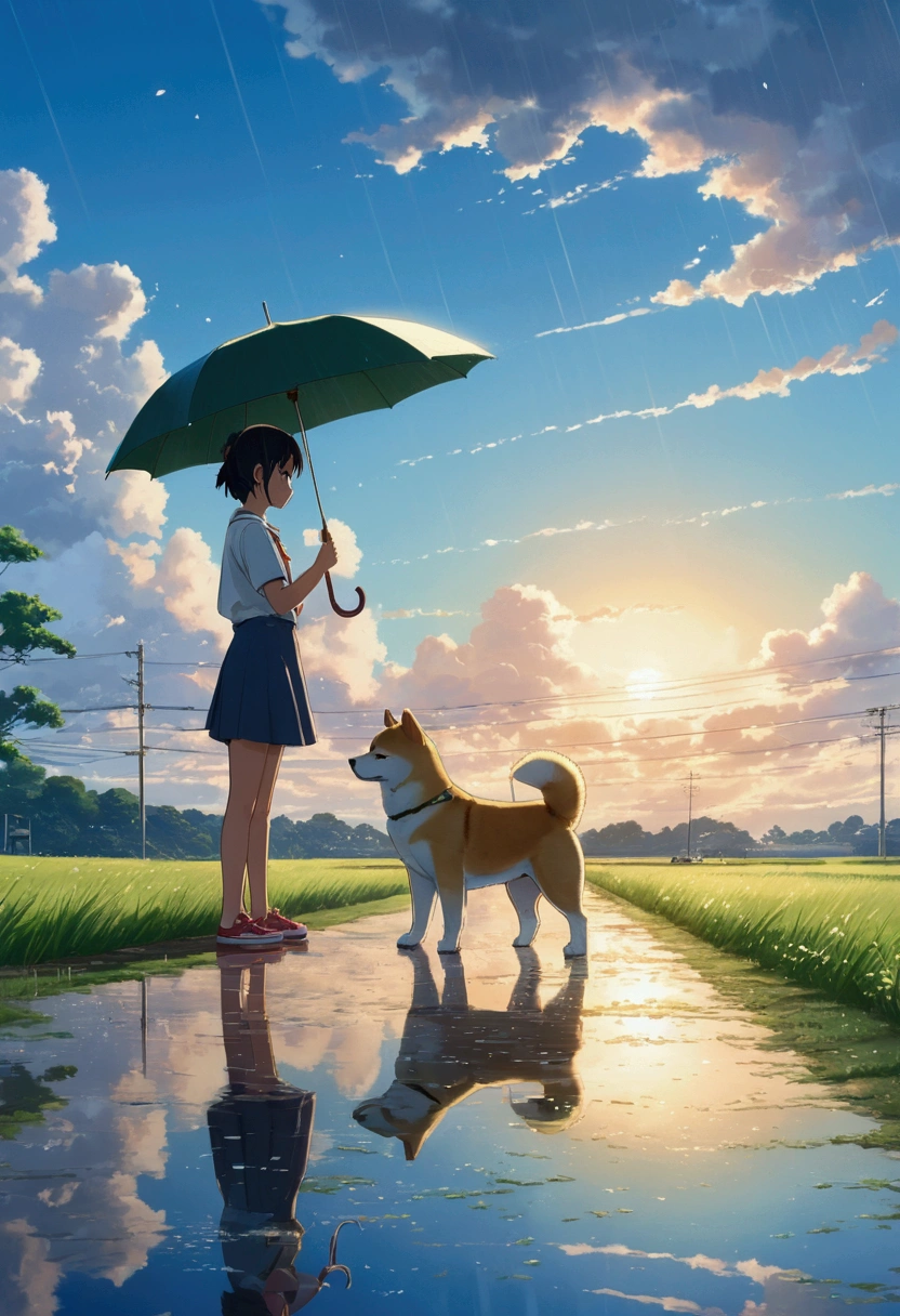 Makoto Shinkai Taste, Beautiful sky, rainy season, Reflection of light,Umbrella,Shiba Inu Puppy, Girl with shoes,Romantic Landscape, Healing scenes,hope, Summer Morning,Makoto Shinkai Taste,Detailed Description,