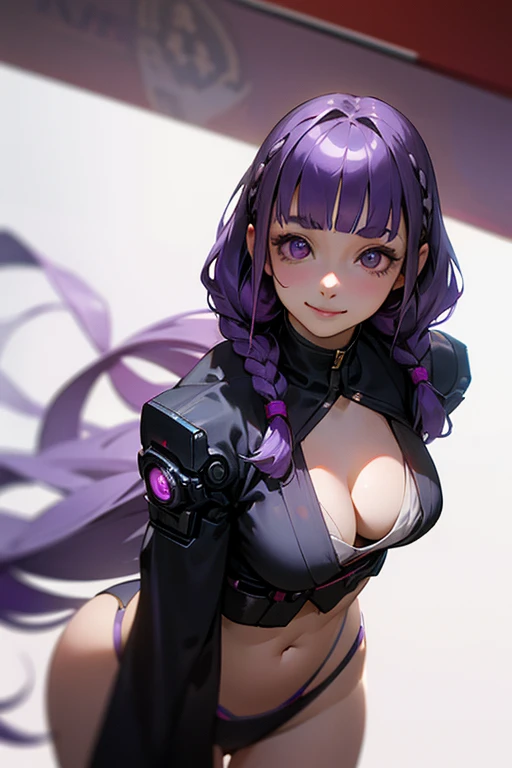 1 Girl, Blunt bangs, Braiding, Wide sleeves, hair ornaments,Obi says, (Purple Hair:1.2), Very long hair, Straight hair, Looking at the audience, Highly detailed background, (Realistic:1.2), Beautiful Eyes, Red eyeshadow, Written boundary depth，thigh, (Urzan-6500:0.7), Upper Body, (alone:1.2), (Cyberpunk City:1.1), Cleavage,,Shiny skin、(Navel exposed).((Face close-up))、((smile))、((Looking up))、