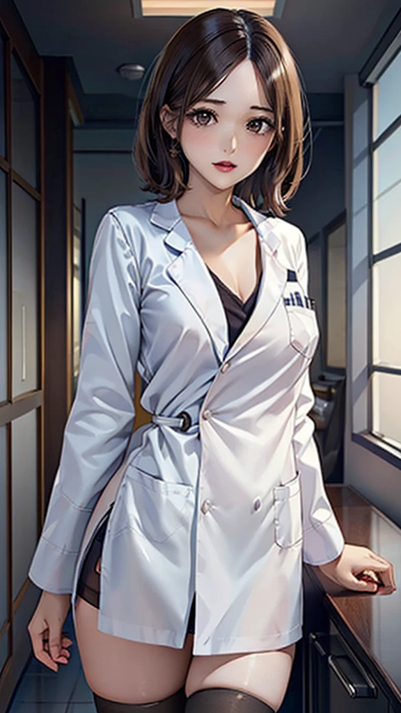 ((masterpiece, best quality, high quality)),1 girl, (Lower Body, hospital), (doctor_, lab coat,, doctor),breast,Lipstick,Brown eyes,Black short hair,There is no sea left in front of the forehead,stockings