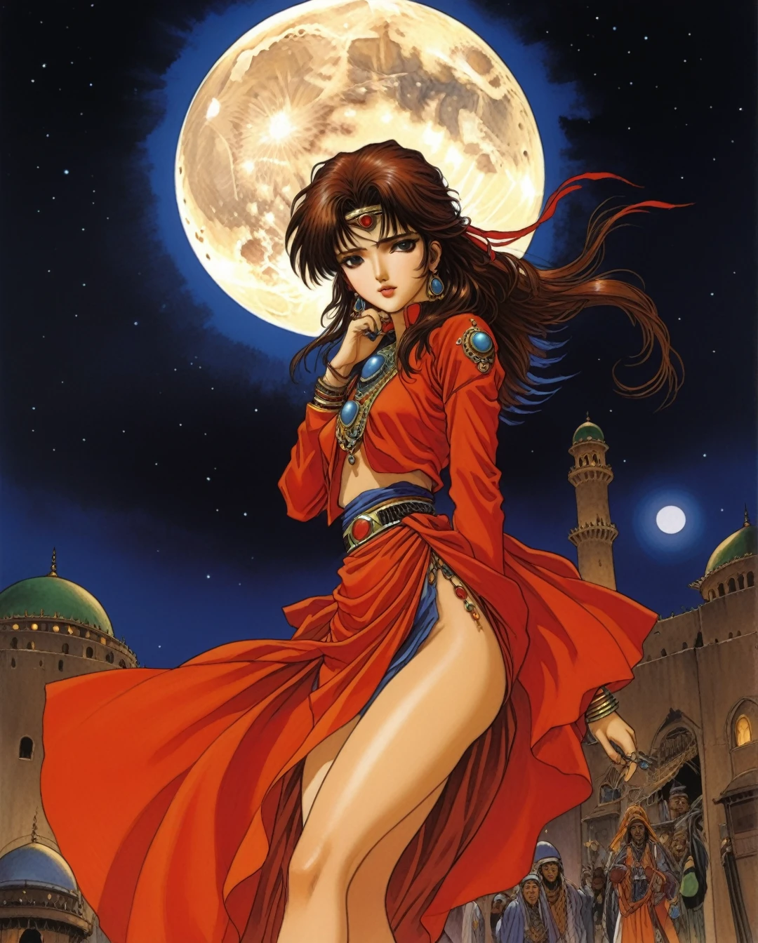 Art style by Akihiro Yamada, Art style by Suehiro Maruo, Art style by Ayami Kojima, (Masterpiece, Top Quality, Super Detail, High Resolution, Best Illustration), Create a surreal and fantastical illustration that combines the artistic styles of Naoyuki Kato, Katsuhiro Otomo, Masamune Shirow, and Freeman Elliott. Depict a Saudi Arabian Bedouin girl in a miniskirt, showcasing her beautiful and perfectly voluminous body. Surround her with mysterious elements that blend fantasy and sci-fi, set against the backdrop of Earth and the Moon.Utilize hyper-fine lines to create intricate details in the character and the environment, capturing a sense of wonder and strangeness. The scene should feature vibrant hand-colored drawings, enhancing the surreal atmosphere and emphasizing the juxtaposition of cultures and themes. Aim for a visually stunning masterpiece that captivates the viewer with its depth, complexity, and imaginative storytelling.