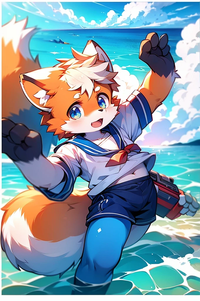 Red Panda Girl,8K,resolution,Ocean,Sailor suit,