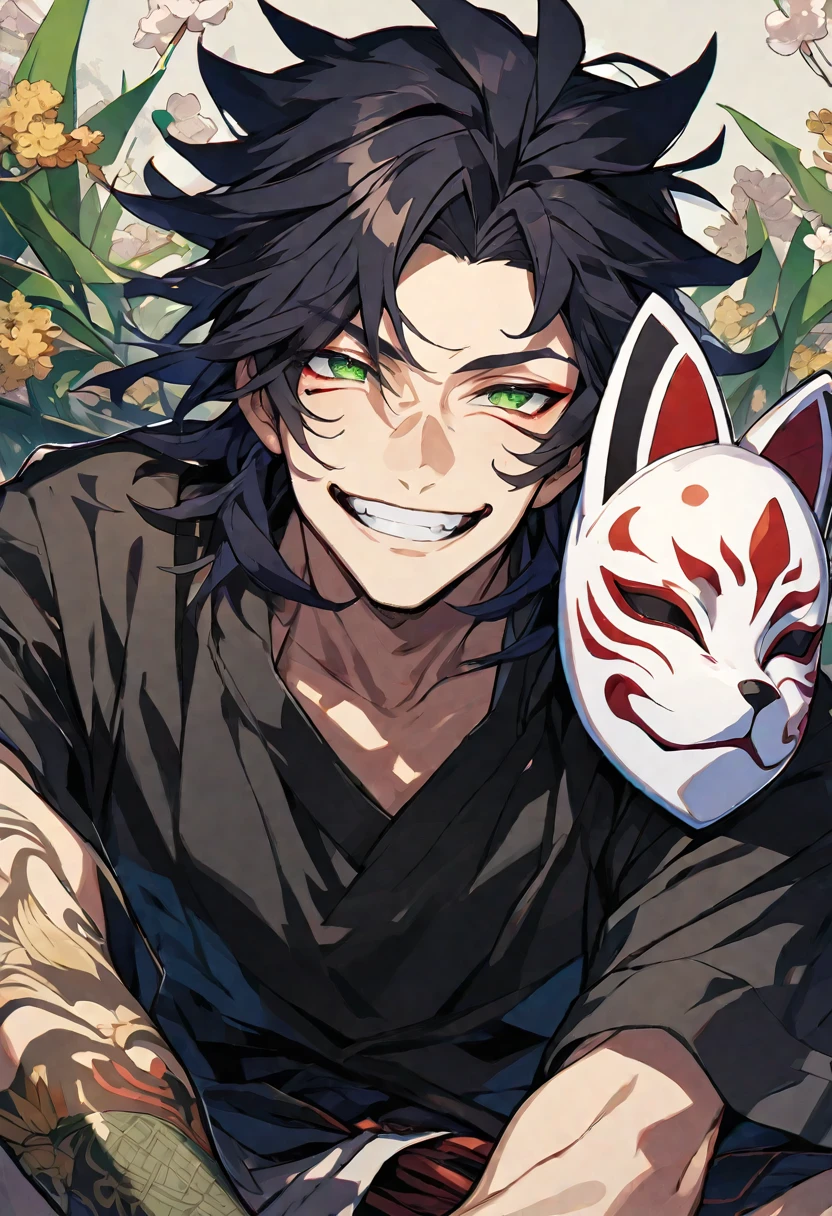 Solo, 1 male, messy black hair, green eyes, black shirt, smile facial, higanbana, fox mask