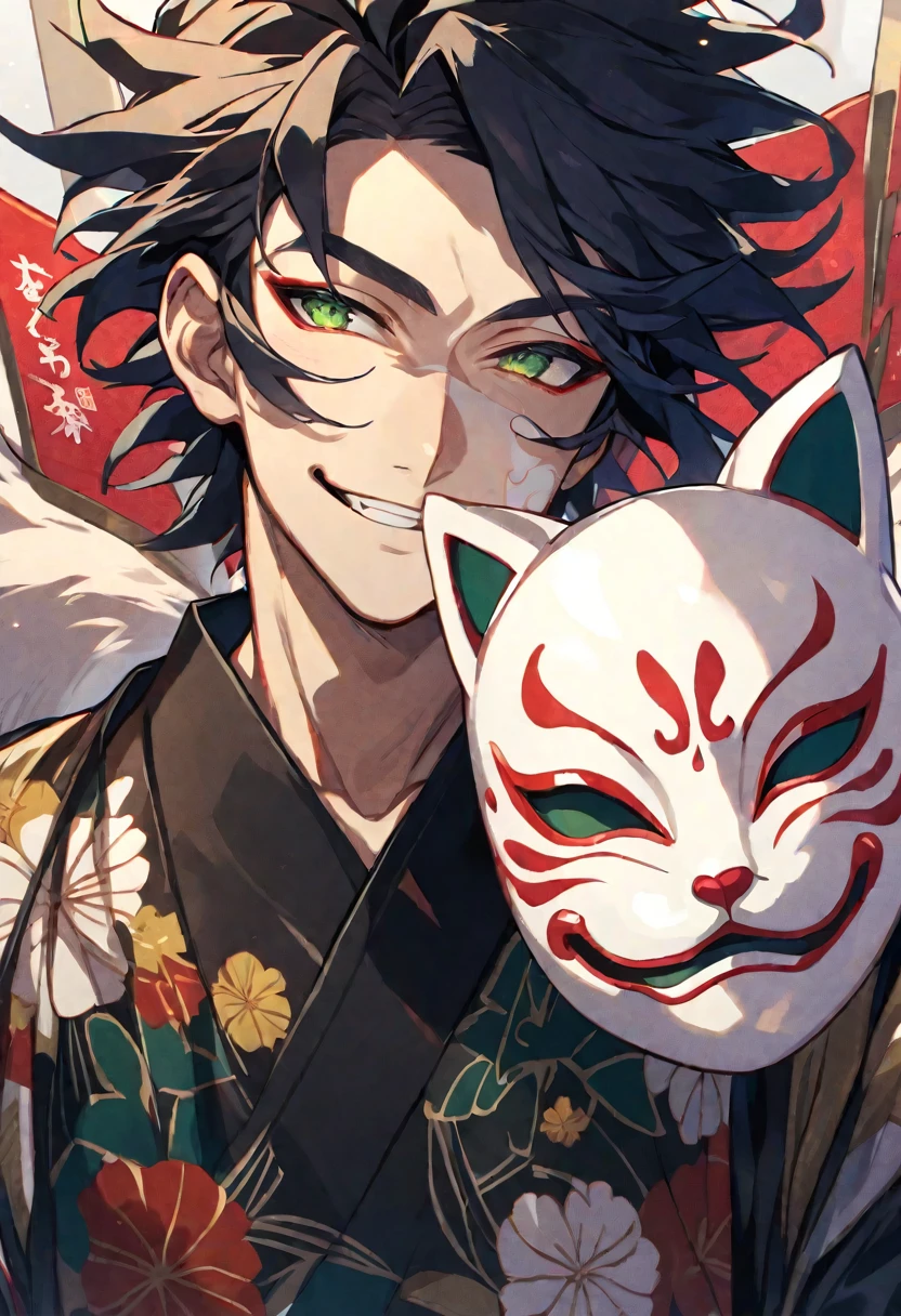 Solo, 1 male, messy black hair, green eyes, black shirt, smile facial, higanbana, fox mask
