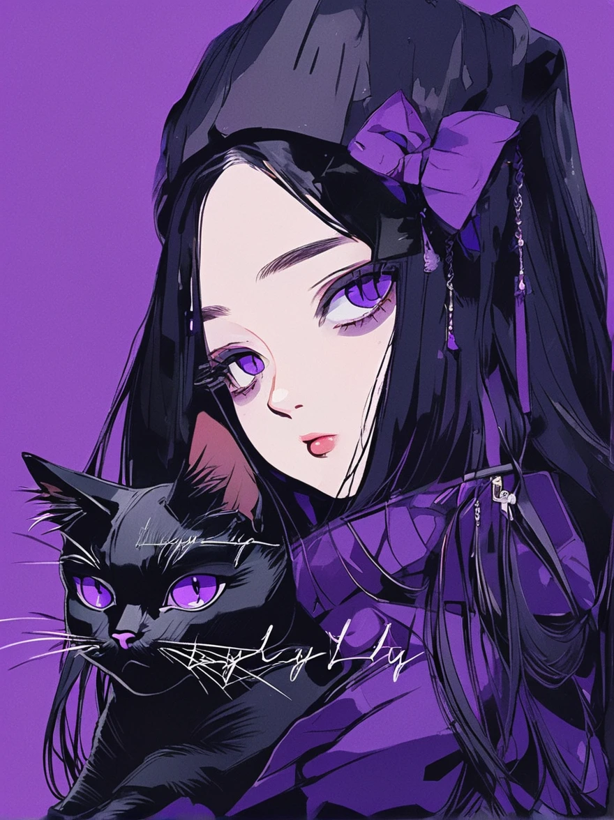 Anime girl with long black hair and purple eyes holding a black cat, Young girls,Young teenage girl,Emotional girl and her , Portrait of goth cat and girl, Digital illustration style, Beauvot Art Style, Anime style, Anime style插图,Serious expression