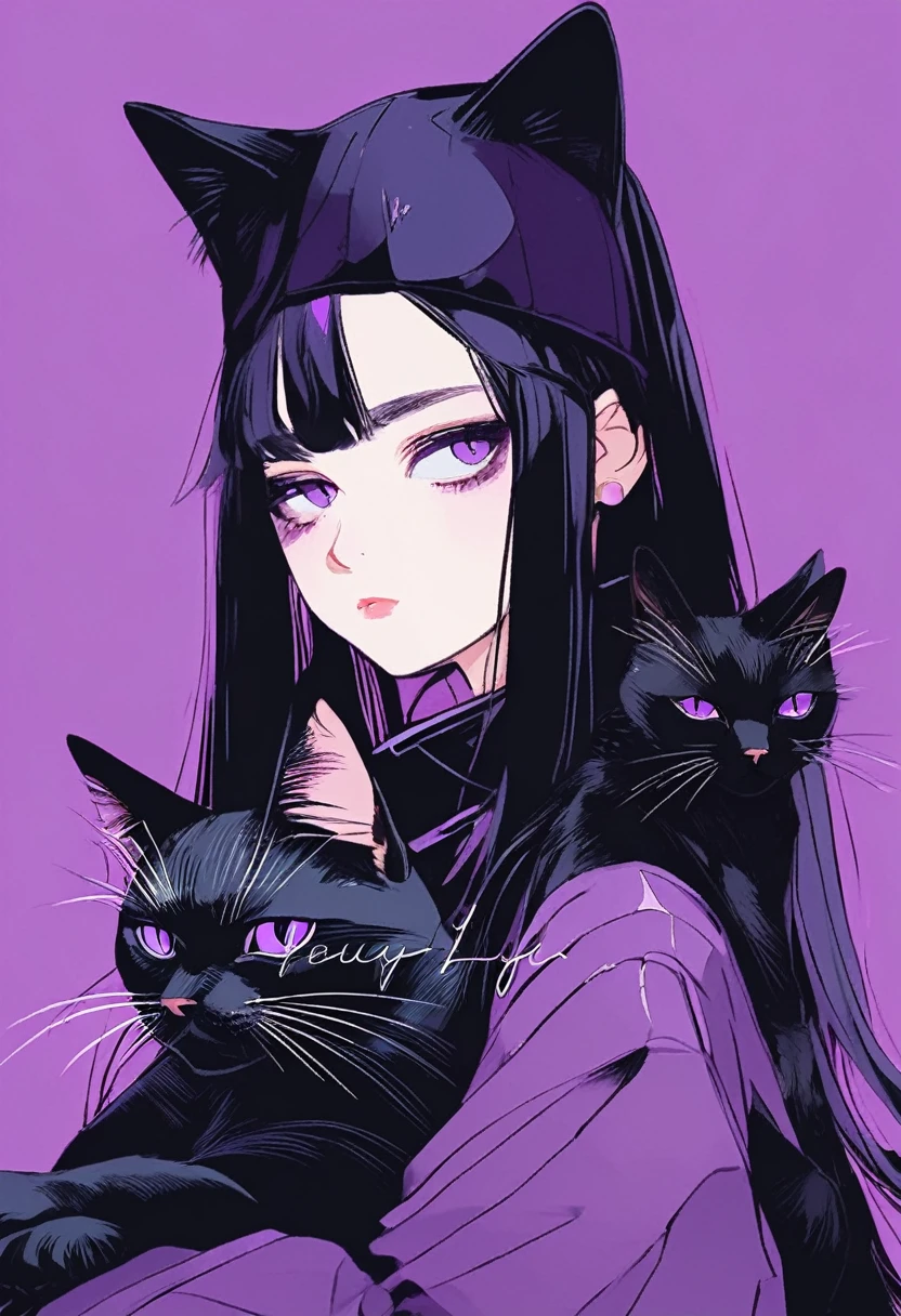 Anime girl with long black hair and purple eyes holding a black cat, Young girls，Young teenage girl，Emotional girl and her , Portrait of goth cat and girl, Digital illustration style, Beauvot Art Style, Anime style, Anime style插图,Serious expression