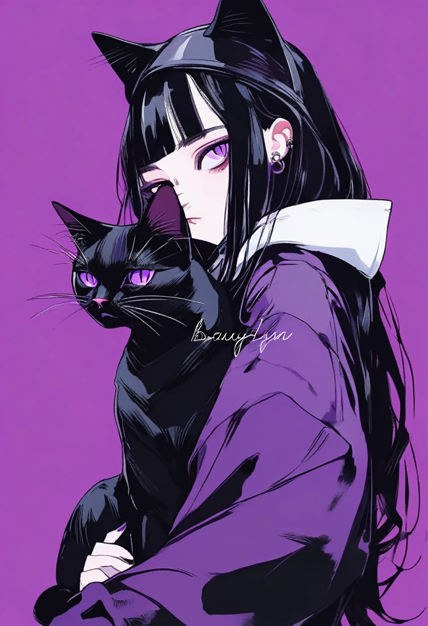 Anime girl with long black hair and purple eyes holding a black cat, Young girls,Young age girl,Emotional girl and her , Portrait of goth cat and girl, Digital illustration style, Beauvot Art Style, Anime style, Anime style插图,Serious expression