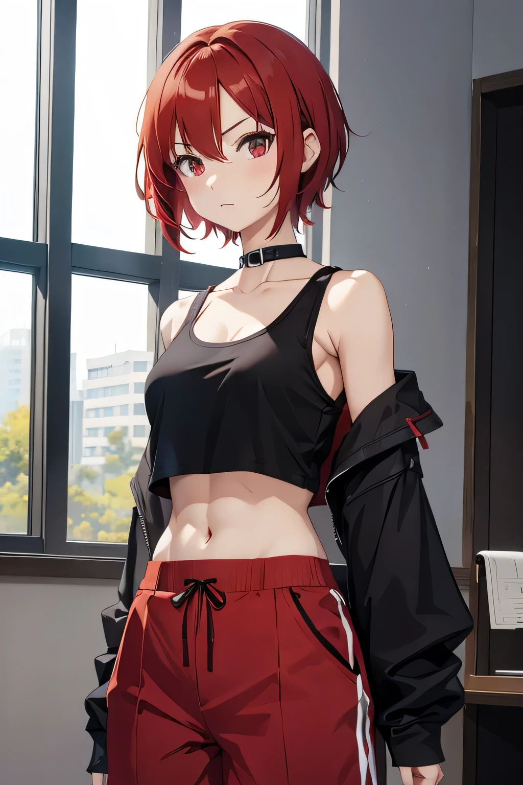 Anime Short red hair Boyish Small breasts Black tank top Navel-baring abs Girl Red long sleeves and pants