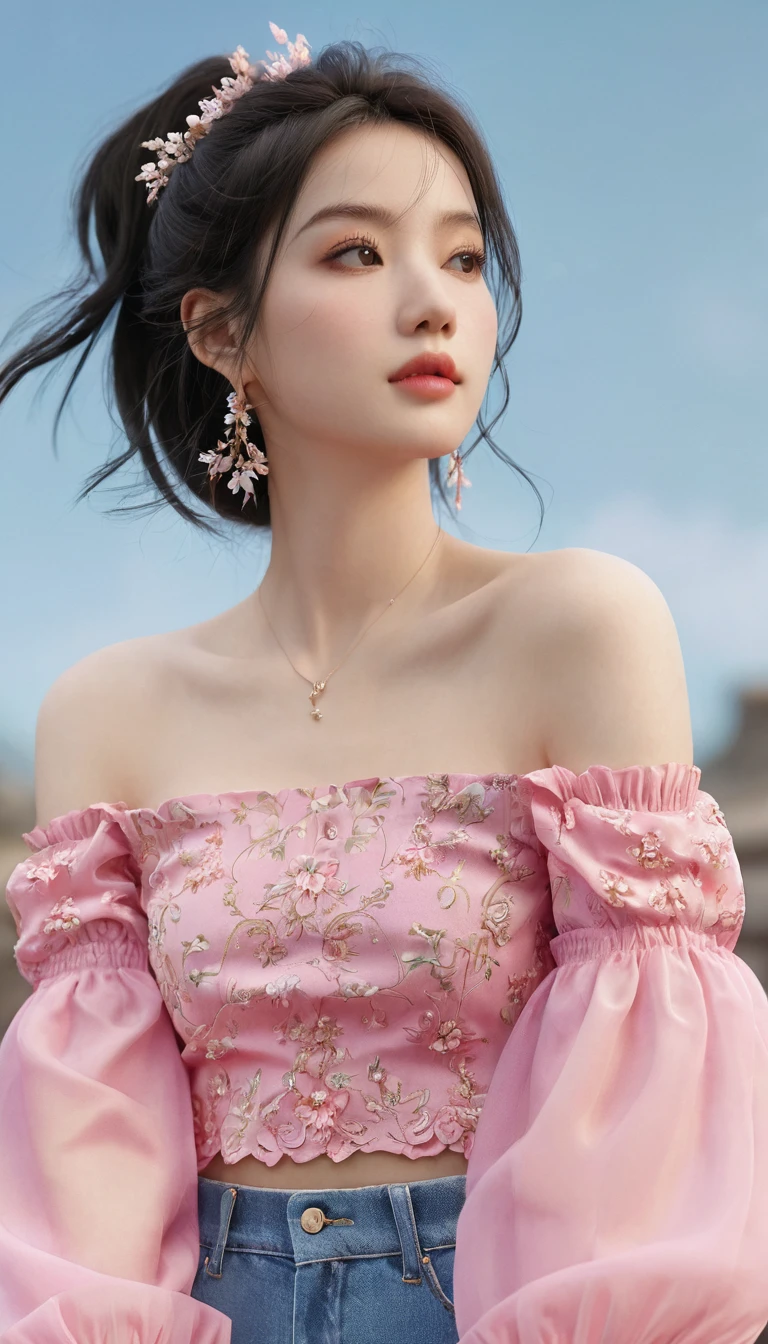 ((Extremely detailed)),(Extremely detailed), Extremely detailed CG unity 8k wallpaper,best quality, masterpiece, emilie_Q8, Off-shoulder,  Pink cropped top,