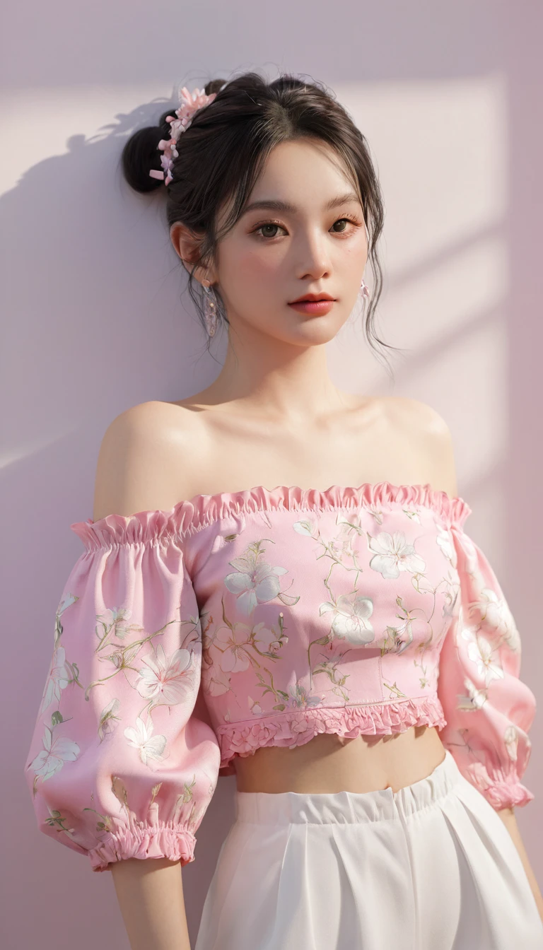 ((Extremely detailed)),(Extremely detailed), Extremely detailed CG unity 8k wallpaper,best quality, masterpiece, emilie_Q8, Off-shoulder,  Pink cropped top,