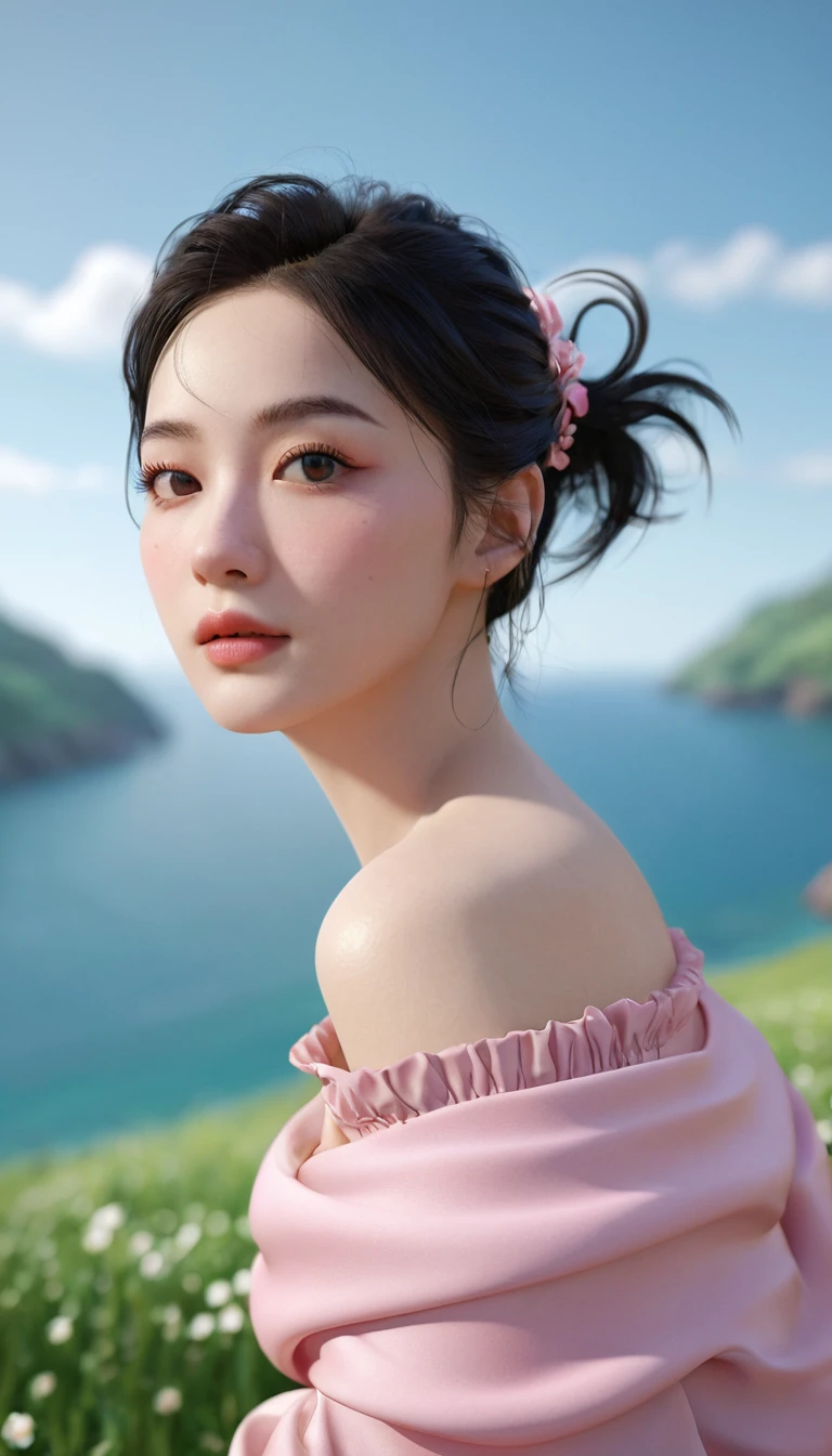 ((Extremely detailed)),(Extremely detailed), Extremely detailed CG unity 8k wallpaper,best quality, masterpiece, emilie_Q8, Off-shoulder, Pink cropped top,