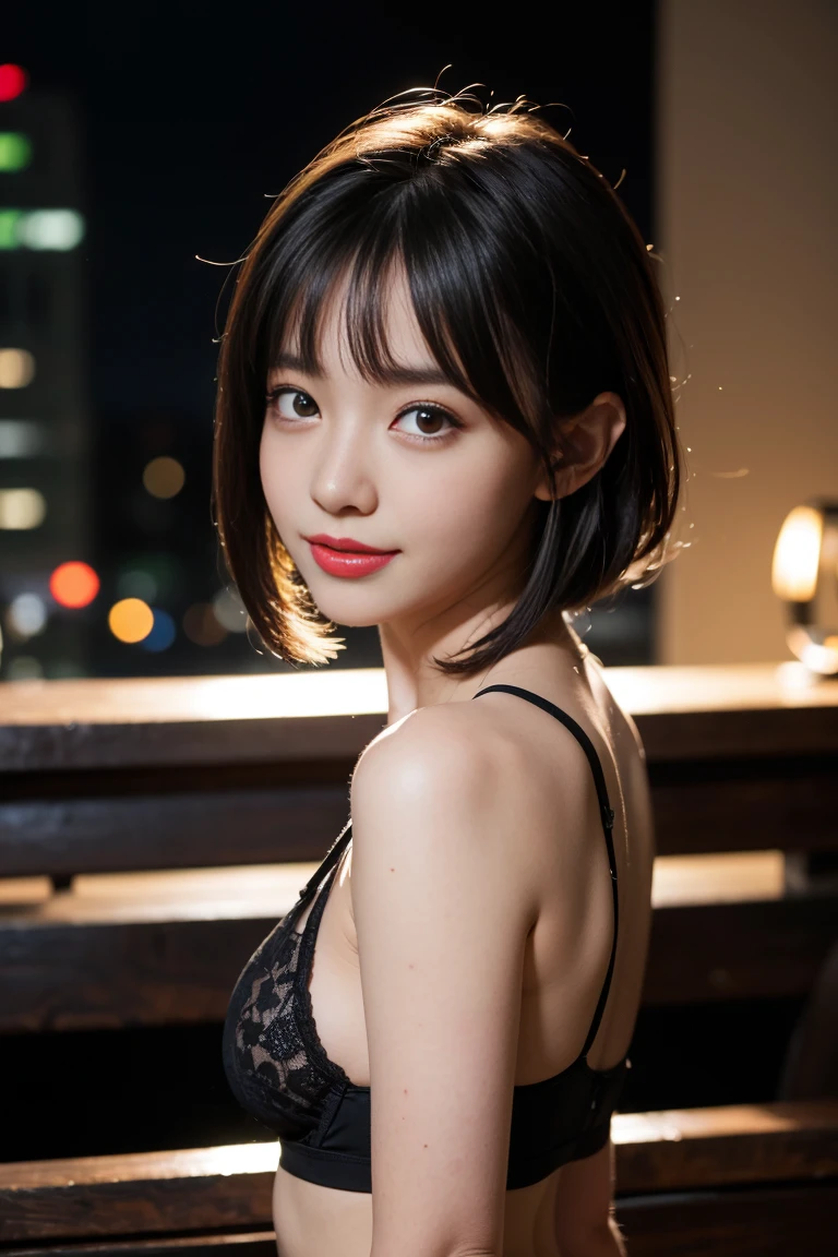 (nude)Face Focus, Portraiture, Glowing black eyes, Feminine style, One Girl, asymmetrical bangs, bangs, Black Hair, goodid, good, looking at the camera, smile, night, city, Bob Hair, abdomen, Red lips, shirt, alone, Are standing, goodid, Upper Body, underwear, pink underwear, Perfect body line, beautiful kubire, beautiful, Mischievous face