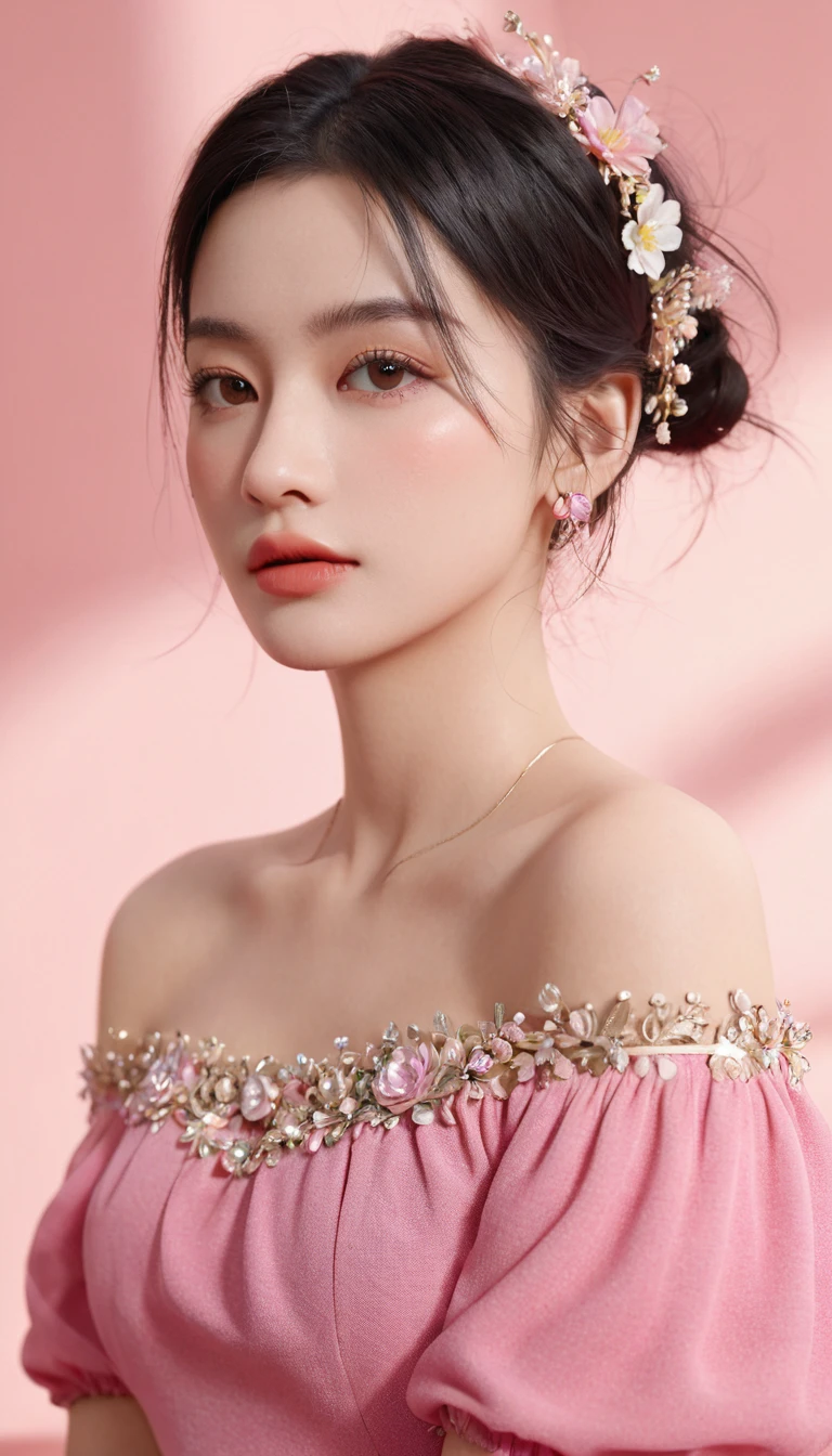 ((Extremely detailed)),(Extremely detailed), Extremely detailed CG unity 8k wallpaper,best quality, masterpiece, emilie_Q8, Off-shoulder, Pink cropped top,