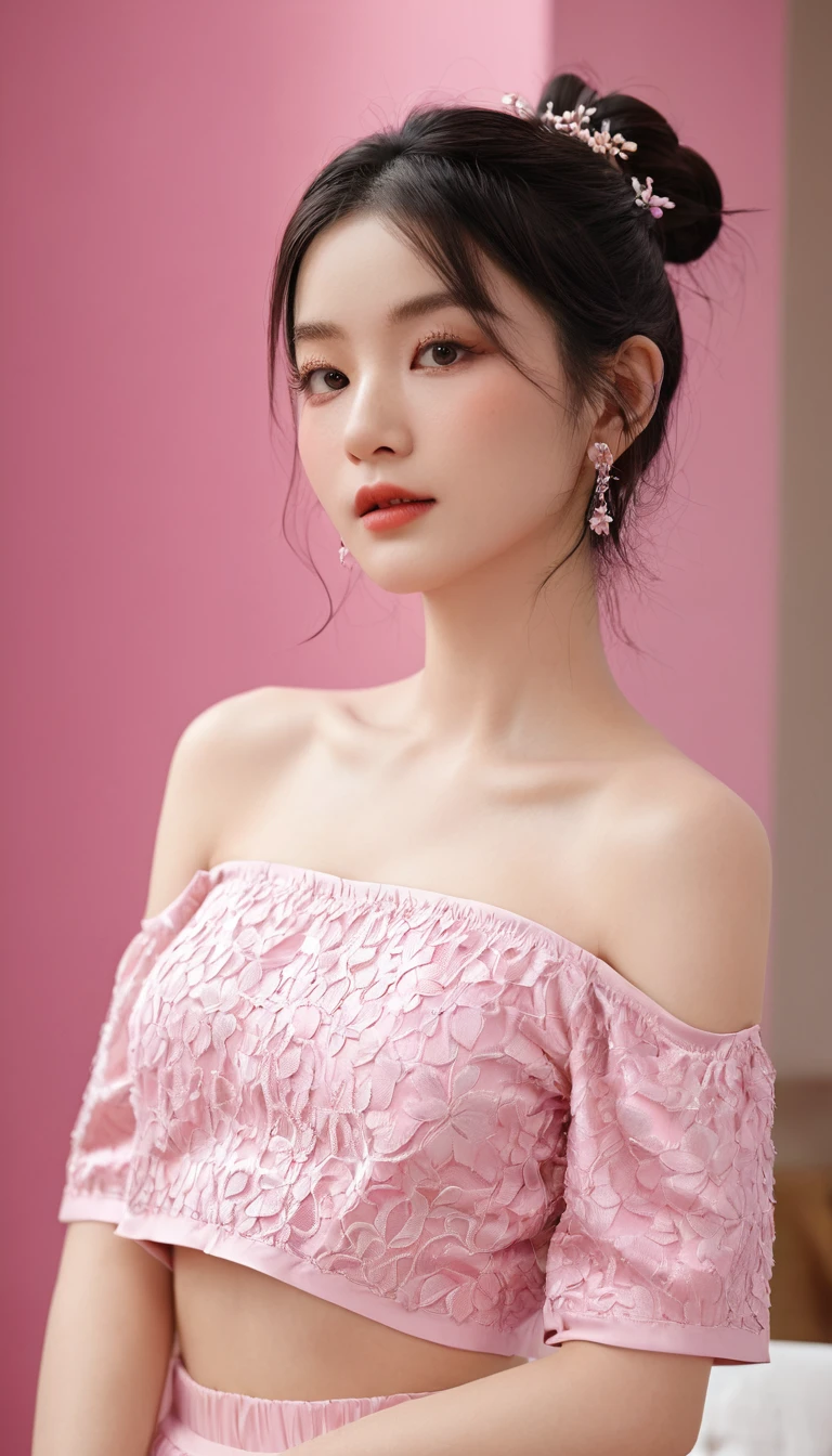 ((Extremely detailed)),(Extremely detailed), Extremely detailed CG unity 8k wallpaper,best quality, masterpiece, emilie_Q8, Off-shoulder,  Pink cropped top,