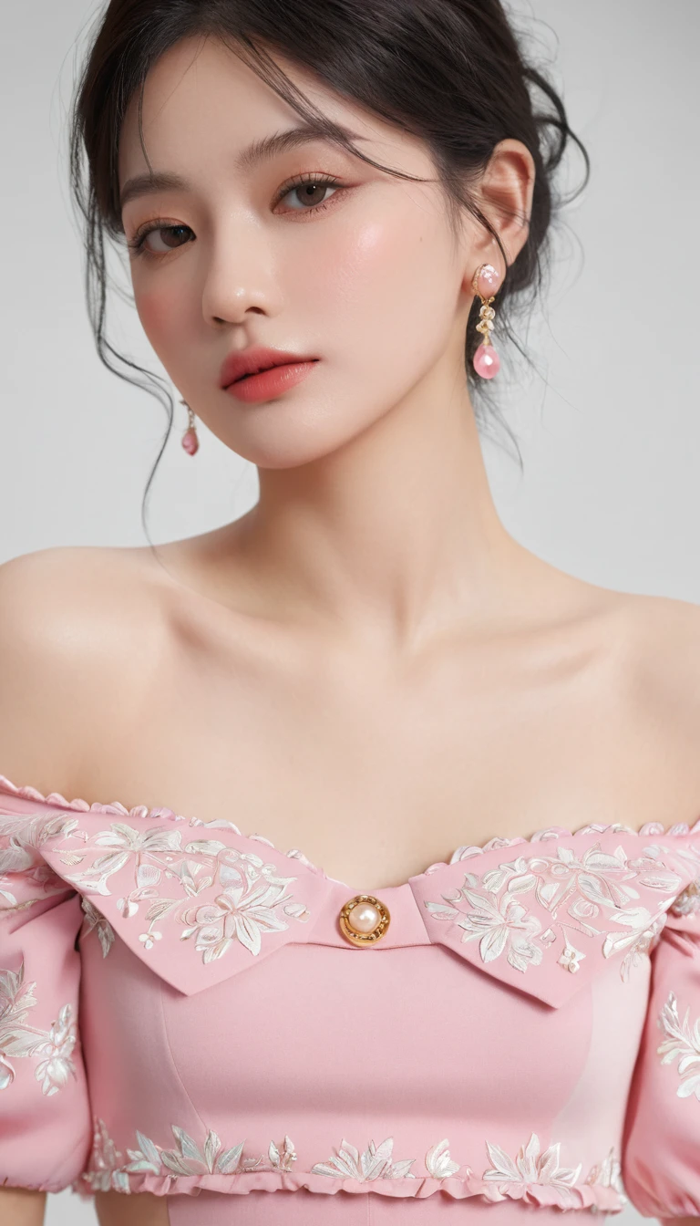 ((Extremely detailed)),(Extremely detailed), Extremely detailed CG unity 8k wallpaper,best quality, masterpiece, emilie_Q8, Off-shoulder, Pink cropped top,