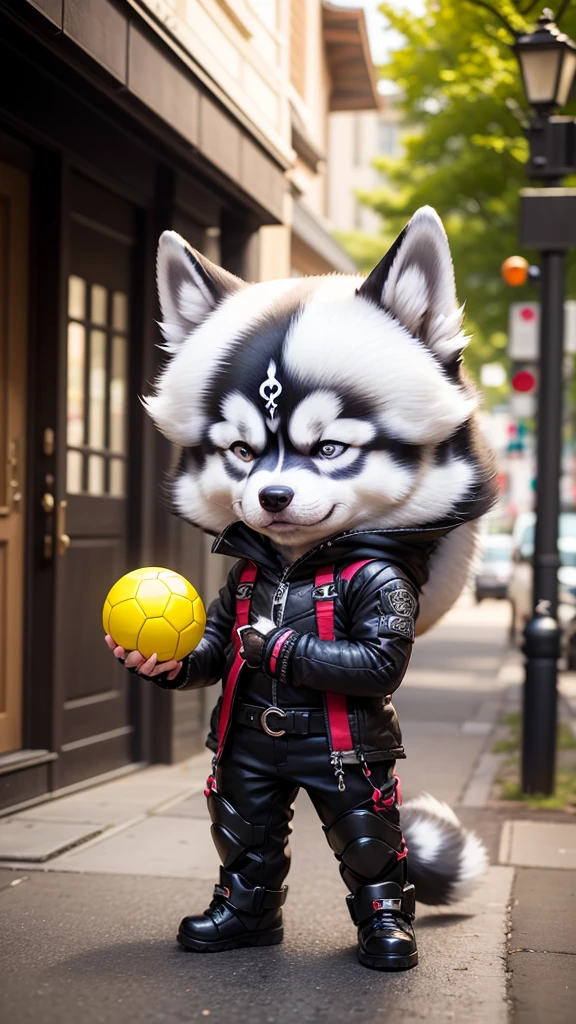 masterpiece、top-quality、ultra-detailliert、(Chibi Siberian Husky:1.2)、Gray and black wraith、、In his hand he holds a yellow ball of sticks。Smile、Standing、サムエド犬サムエド犬