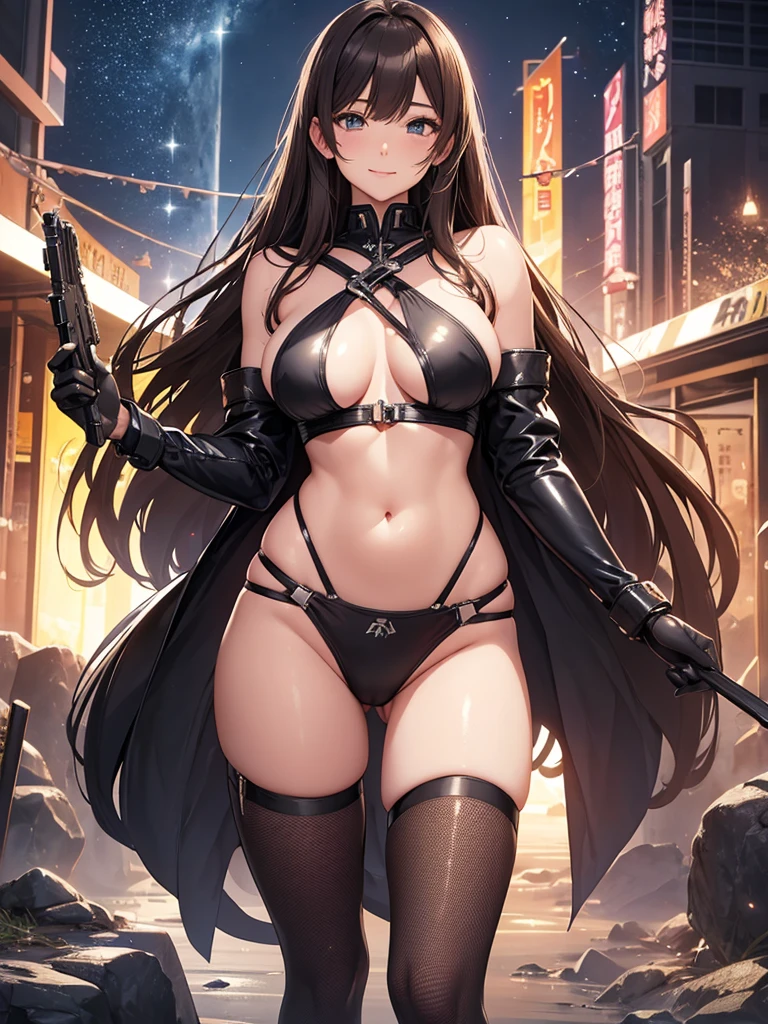 Beautiful Woman Height 170cm、Bust 120センチ、汗
　Beautiful bodystocking  underwear,(( sexy bikini   latex))   body stocking,swim wear, Beautiful thighs、Beautiful Skin、detailed groin、Huge machine gun、I was captured by the enemy and had my hands and feet tied.、Female soldier、machine-gun、Holding a firearm、Armament、Soldier、laser weapon、future world、Science fiction movies  大universe、beauttiful stars、Sparkling star particles、
　Light　黒Brown Hair　A friendly smile　tear,tear,tear,　magic Masterpiece Night　Magic sexy, extremely beautiful 22歳　Big Breasts Beautiful Eyeagical gentle lighting    cowboy shot  ,Beautiful decoration、Imprisoned、Detained、Lock、handcuffs、Science fiction movies beautiful Beautiful scenery、universe、Milky Way  nsfw