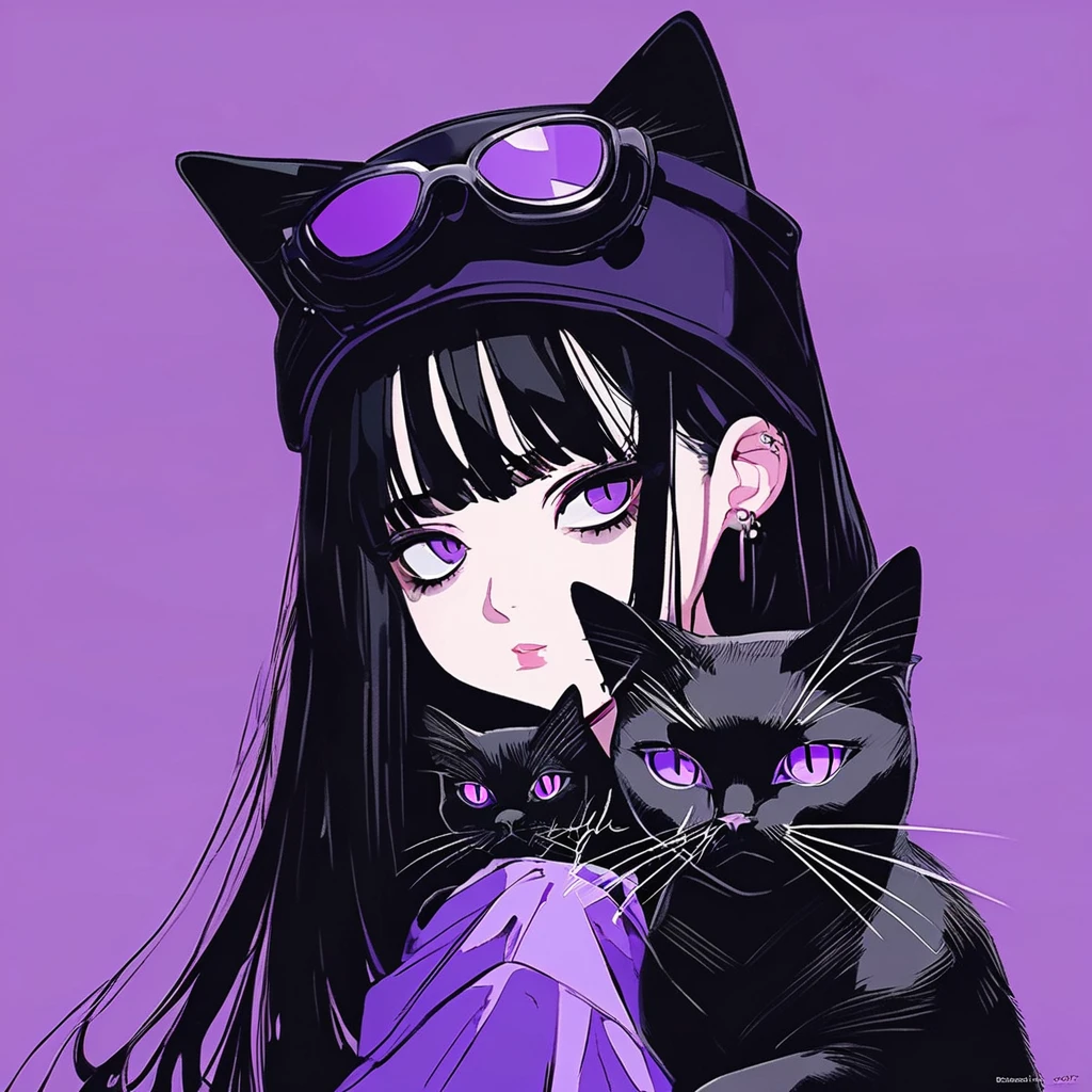 Anime girl with long black hair and purple eyes holding a black cat, Young girls,Young teenage girl,Emotional girl and her , Portrait of goth cat and girl, Digital illustration style, Beauvot Art Style, Anime style, Anime style插图,Serious expression