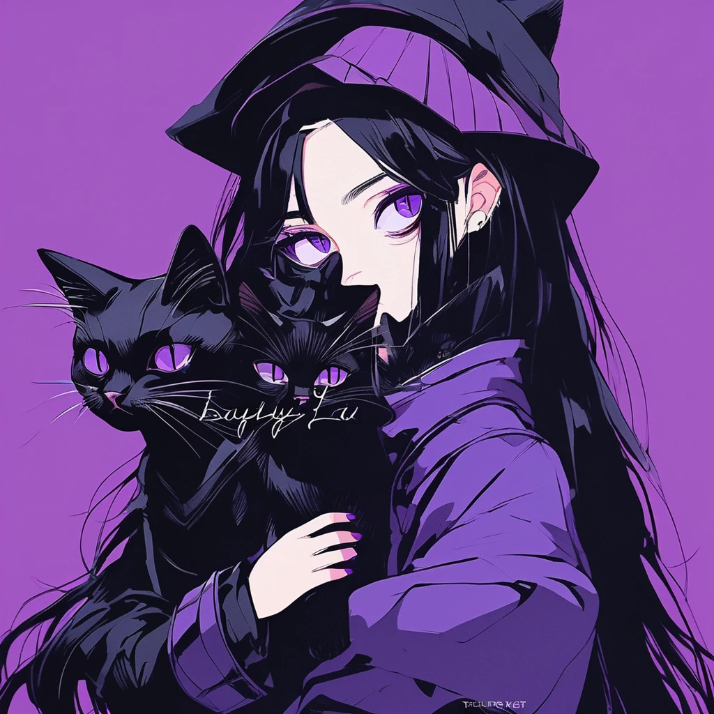 Anime girl with long black hair and purple eyes holding a black cat, Young girls，Young teenage girl，Emotional girl and her , Portrait of goth cat and girl, Digital illustration style, Beauvot Art Style, Anime style, Anime style插图,Serious expression