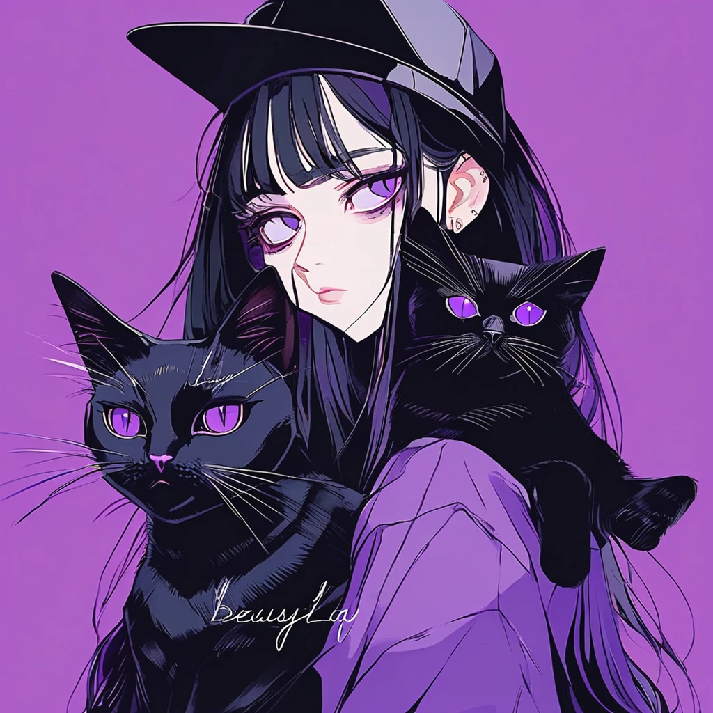 Anime girl with long black hair and purple eyes holding a black cat, Young girls,Young age girl,Emotional girl and her , Portrait of goth cat and girl, Digital illustration style, Beauvot Art Style, Anime style, Anime style插图,Serious expression