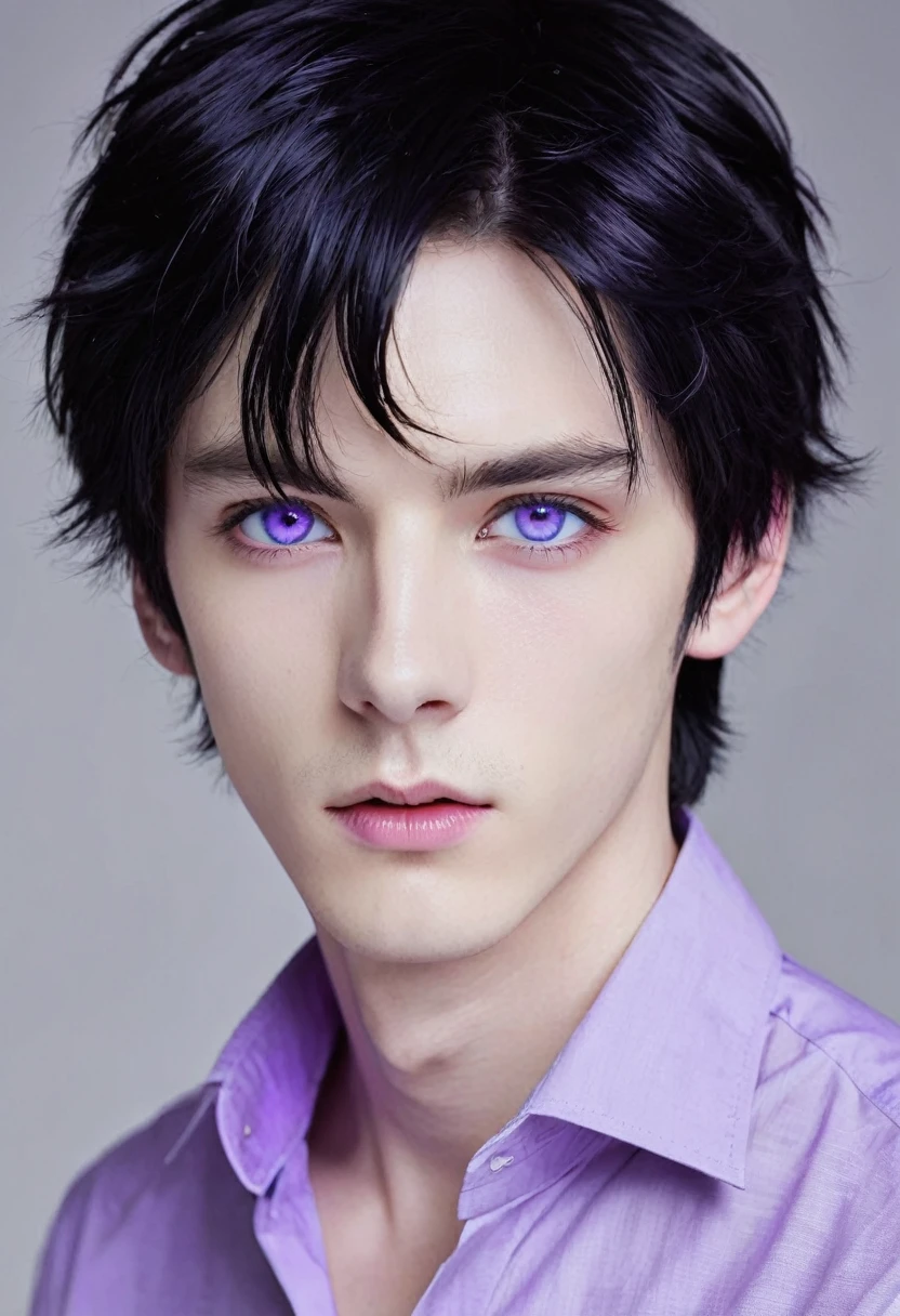 Boy, black hair, violet eyes, sharp features, white skin, simple style