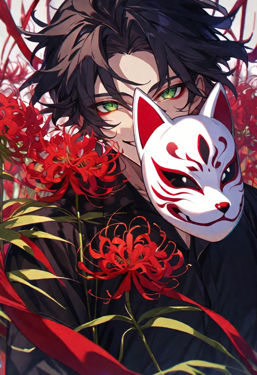 Solo, 1 male, messy black hair, green eyes, black shirt, smile facial, red spider lily, higanbana, fox mask