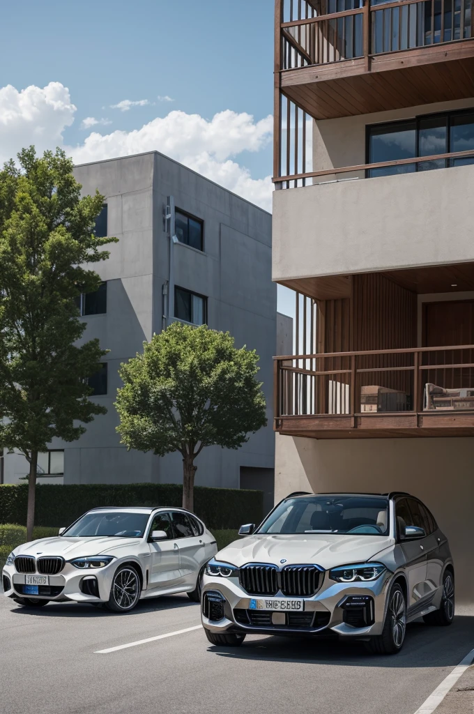 A parking lot for a house with two BMW X5-class cars