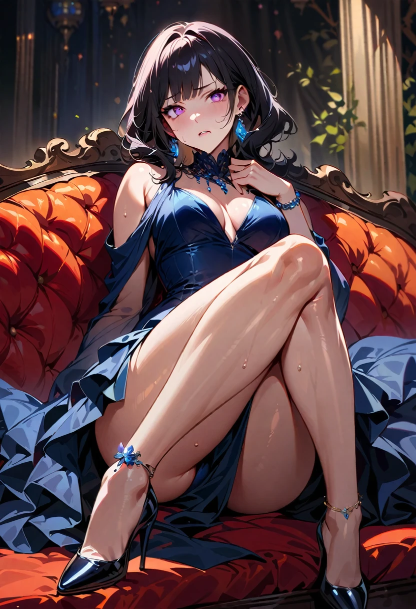 One young and beautiful woman,(Highest quality,Extremely detailed depiction,Incredibly absurd high resolution,Anatomically accurate depiction,A face with attention to detail, Eye for detail,Perfect body,Two curvaceous legs),(Glowing Skin,Shiny skin),Flower and willow woman,Gorgeous navy blue party dress,Shiny black pantyhose,eyelash,eye shadow,eyeliner,mascara,Luxury accessories,Earrings,Bracelet,Black high heels,Purple Eyes,(A look of disgust:1.3),Lift your chin,Glossy Lips,Sweat,whole body,sitting on a plush sofa with one's knees raised,Arrogant attitude,(from below:1.5)
