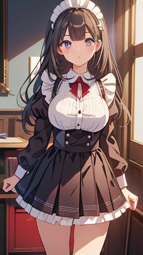 Maid clothesを着た女性が写真のポーズをとっている 傑作, Highest quality, Very detailed, Sparkling, Dazzling Light, Ray Tracing, High resolution, Written boundary depth, (Perfect Face, Detailed face), Inglis, Large Breasts, Long Hair, Maid clothes, Maid Headless, Harness, Long sleeve, Skirt flip, string, Are standing