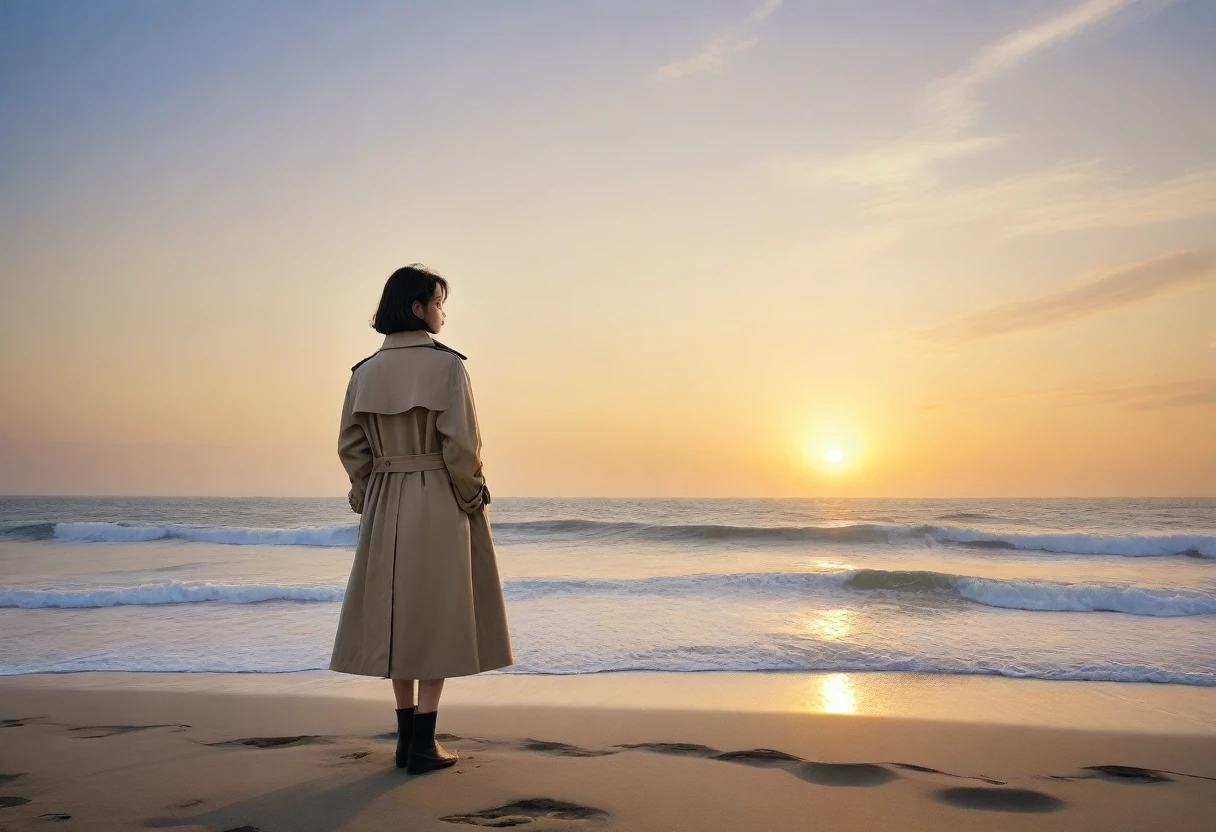 8K, Vivid picture quality, The picture quality is vivid,, long deserted beach, sunset viewer from afar, short hair that covers the neck, turtleneck, trench coat, sunset의 붉은 빛, sunset, alone, afternoon, depressed, tide가 밀려온다, ocean, tide, wind, short korean girl, calm wave canon camera 16-35 wide angle lens, full body shot