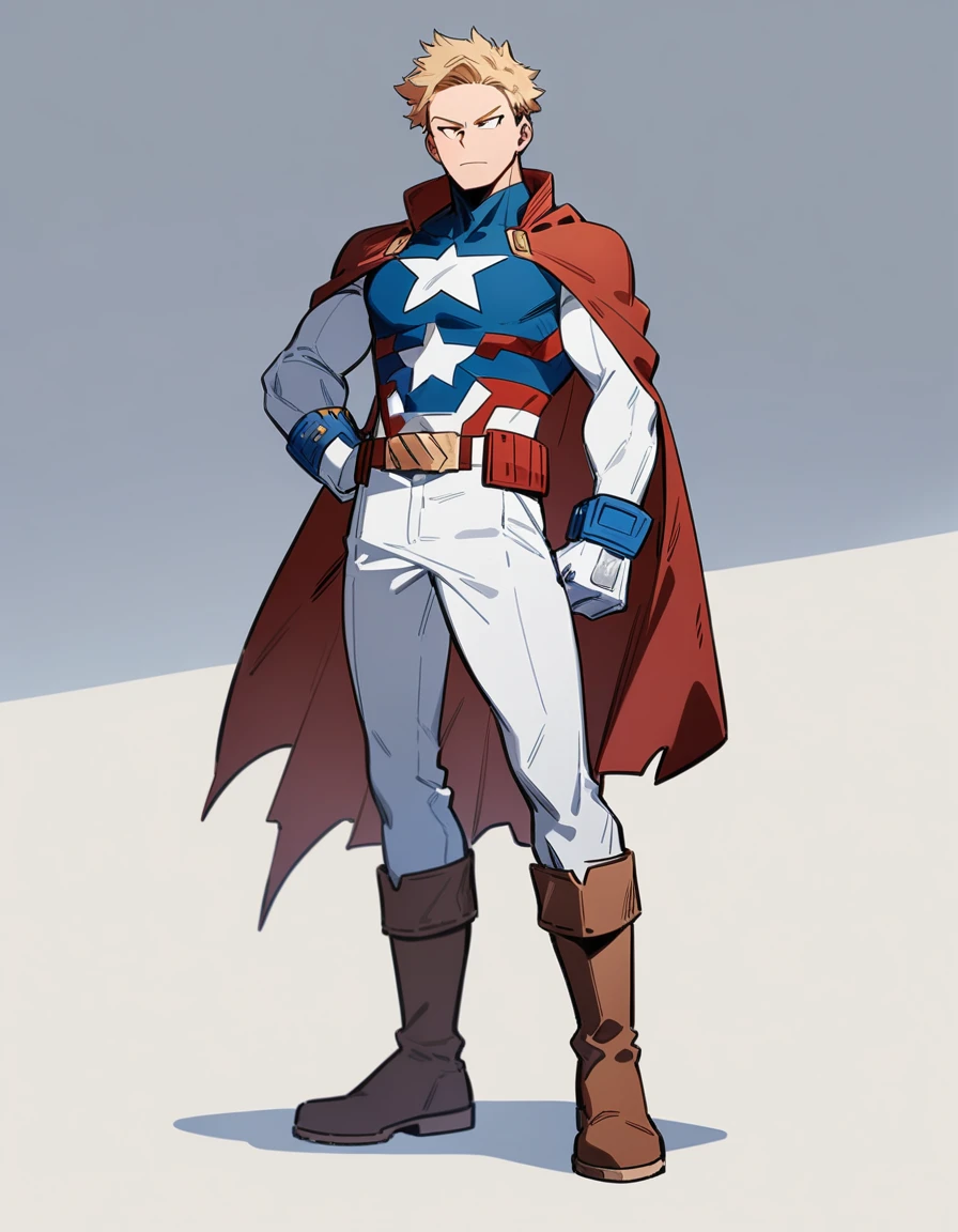 One boy, male focus, brown and blond hair, boku no hero academia, masterpiece, best quality, very aesthetic, red, blue, white super hero suit, cape, boots, captain America like, proportionally anatomical, full body illustration, casual front pose.