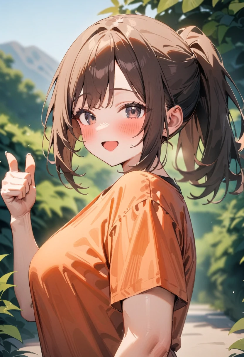 masterpiece, best quality, very aesthetic, absurdres, newest, 1girl, solo, asymmetrical bangs, tareme, looking at viewer, blush, smile, open mouth, bangs, outdoors, brown hair, shirt, upper body, ponytail, :d, black eyes, from side, thumbs up, orange shirt