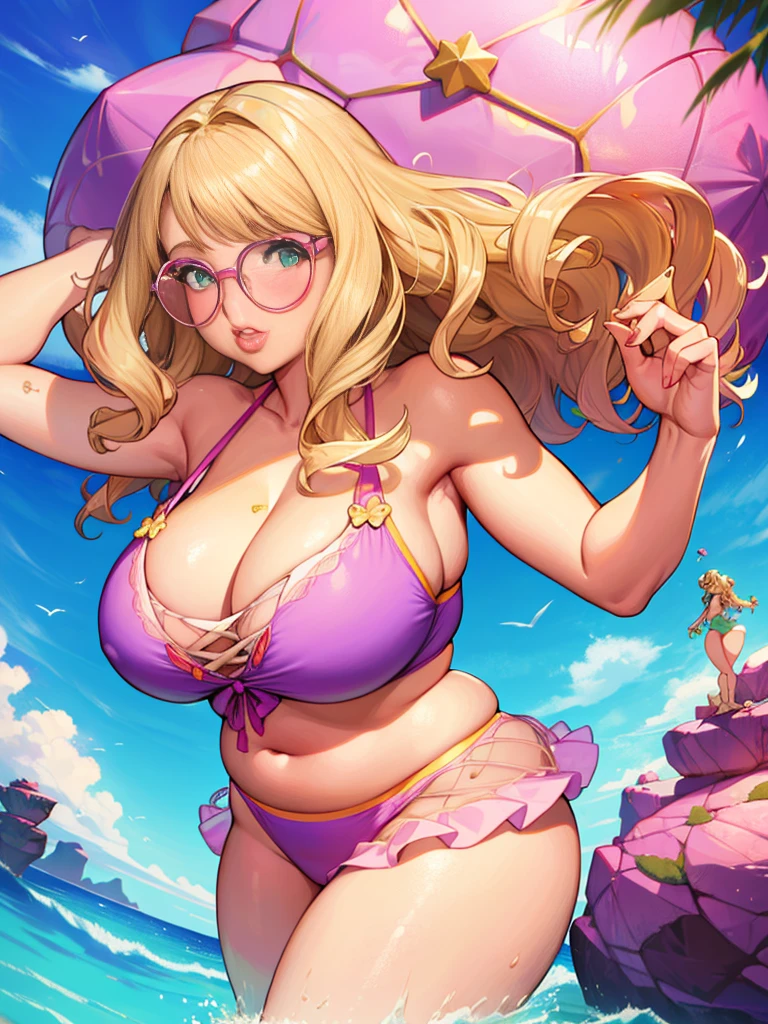 Sandy blonde hair, Glasses, Green Eyes, big , Thick thighs, hours Glasses, Wavy Hair, (((One girl))),  Pastel Pink Dress, Crop top, Floating rocks, performer, Purple atmosphere, Big, juicy, plump lips,