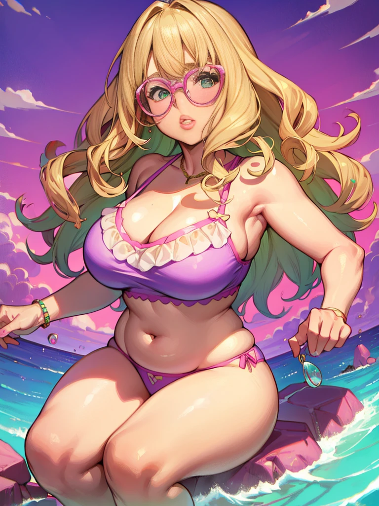 Sandy blonde hair, Glasses, Green Eyes, big , Thick thighs, hours Glasses, Wavy Hair, (((One girl))),  Pastel Pink Dress, Crop top, Floating rocks, performer, Purple atmosphere, Big, juicy, plump lips,