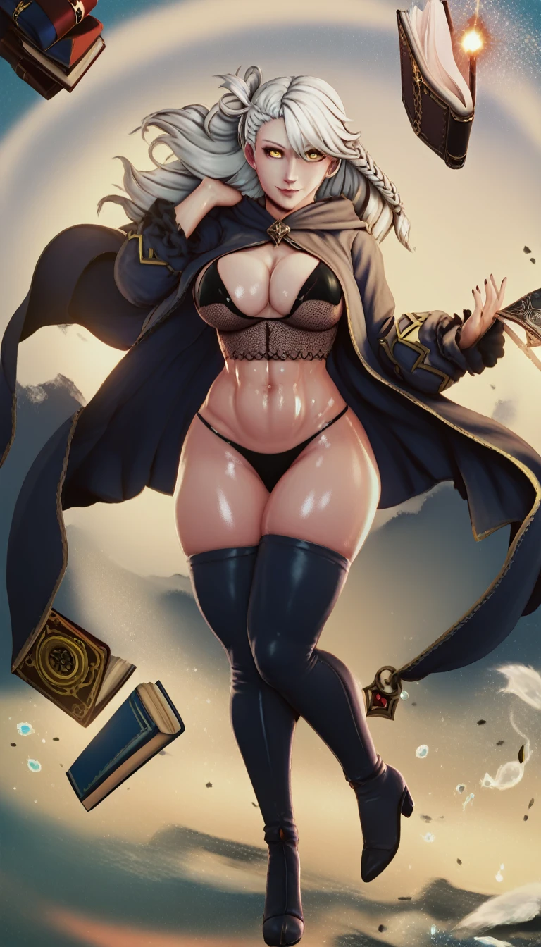score_9, score_8_up, score_7_up, score_6_up, uncensored, olgamarie, yellow eyes, white hair, long hair, side braid, BREAK, best quality, high resolution, (detailed eyes:1.3), perfect lighting, (perfect hands, perfect anatomy), 1girl, solo, breasts, looking at viewer, large breasts, huge breasts, full body, thighs, boots, groin, book, thigh gap, gem, floating, wide hips, open book, magic, floating object, bare hips, messy room, paper, spotlight, (fantasy illustration:1.3), depth of field, cropped hoodie, black bikini, long sleeves, floating book, hollow eyes, smirk, HDR, 4k, realistic,